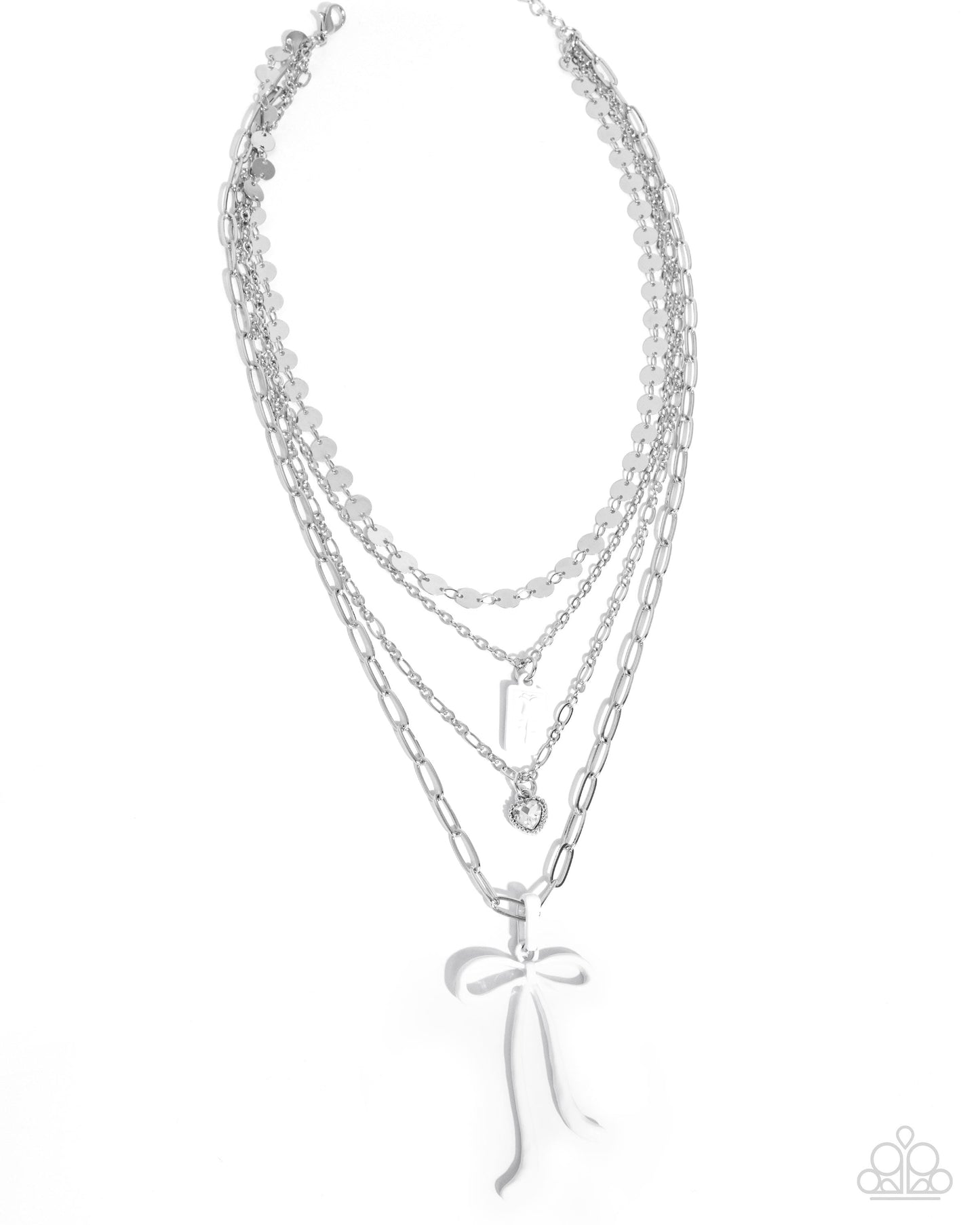 Coquette Cascade - White Dipped Metal Bow Silver Layered Necklace - Paparazzi Accessories