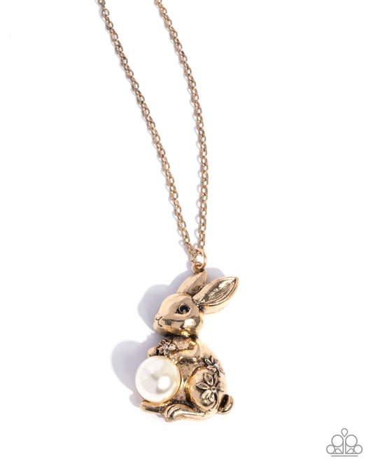 Easter Bunny - Gold Rabbit White Pearl Egg Pendant Necklace - Paparazzi Accessories