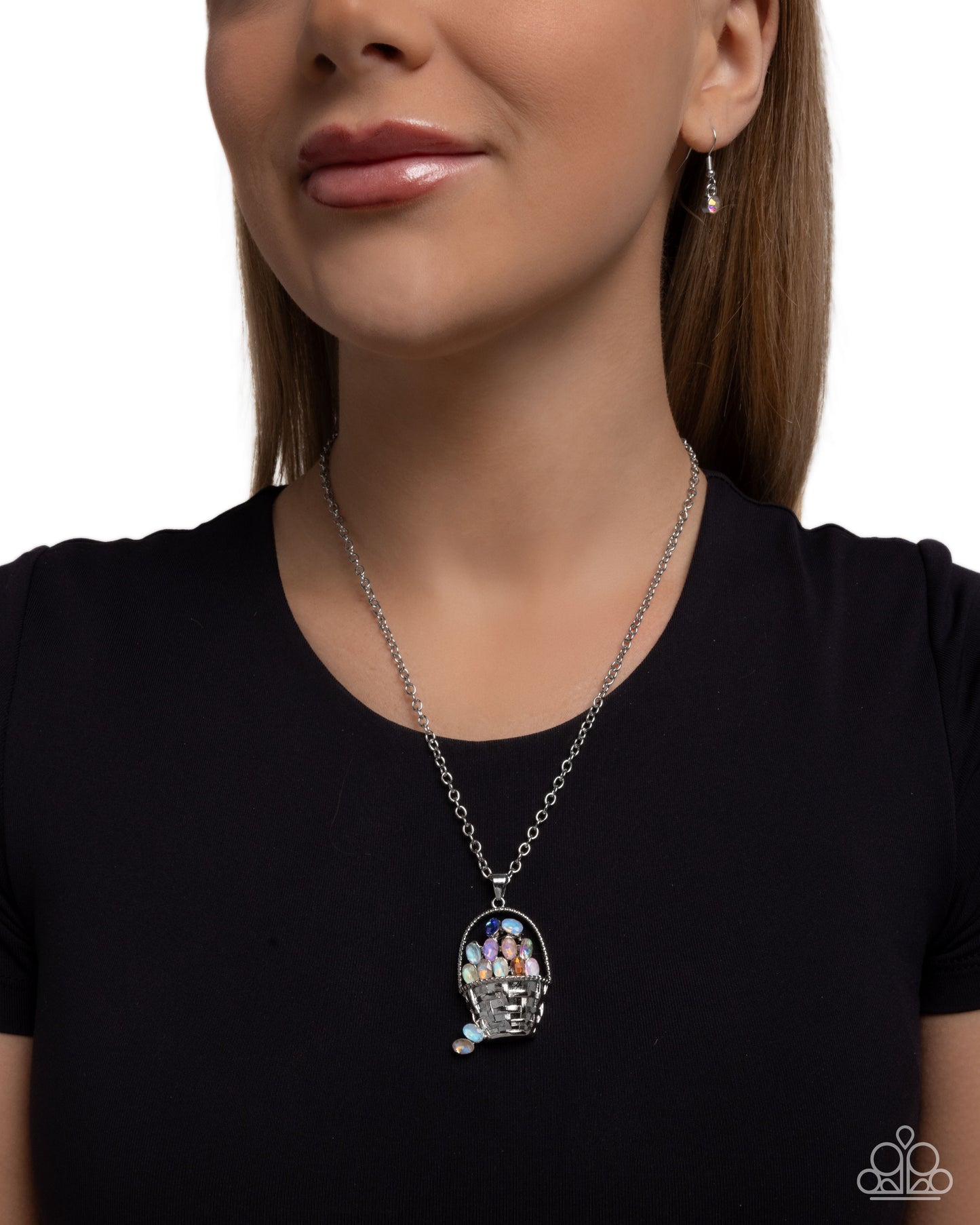 Easter Basket Brilliance - Multi Rhinestone Silver Easter Basket Necklace - Paparazzi Accessories