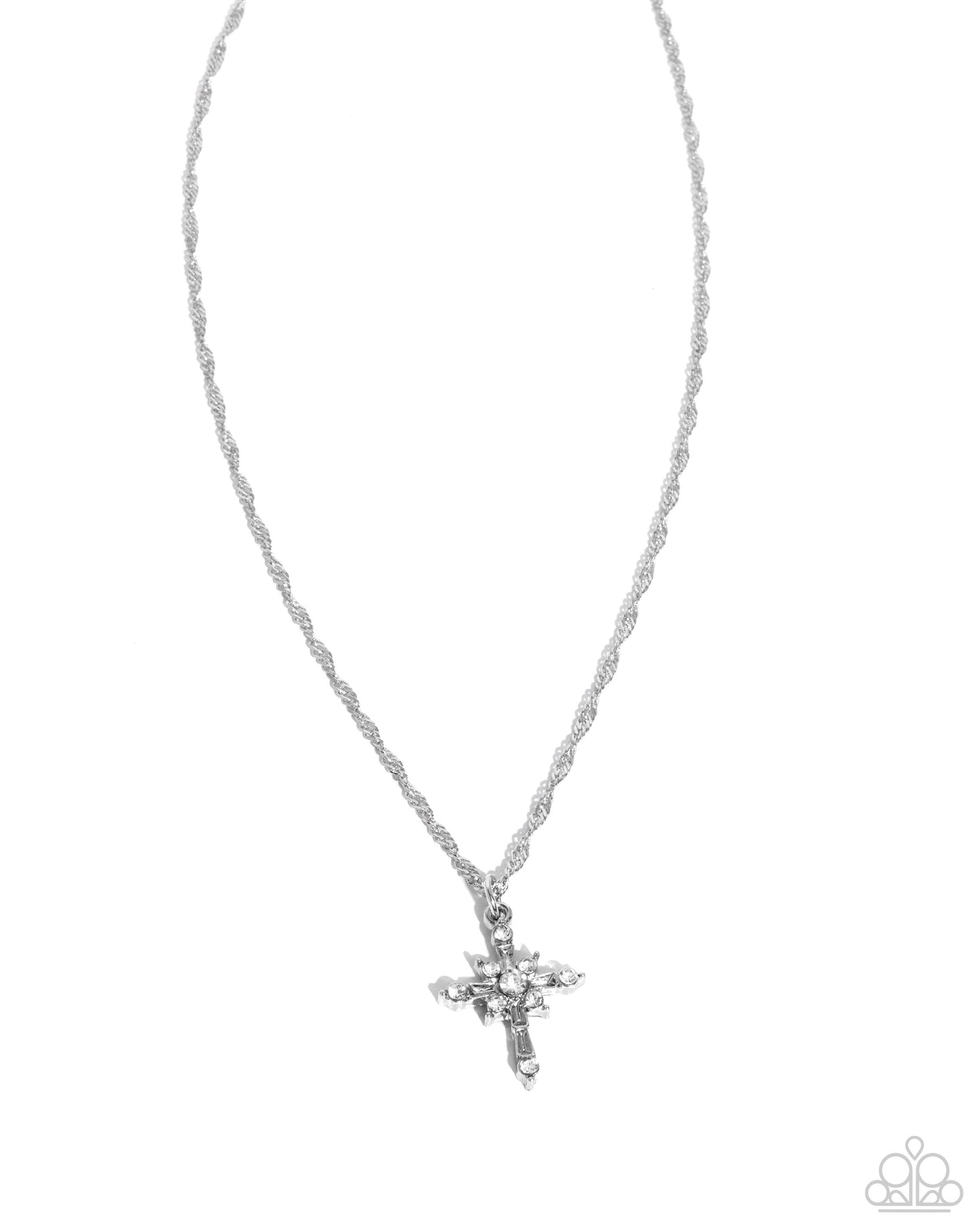 Graceful Glory - White Rhinestone, Silver Cross Necklace - Paparazzi Accessories