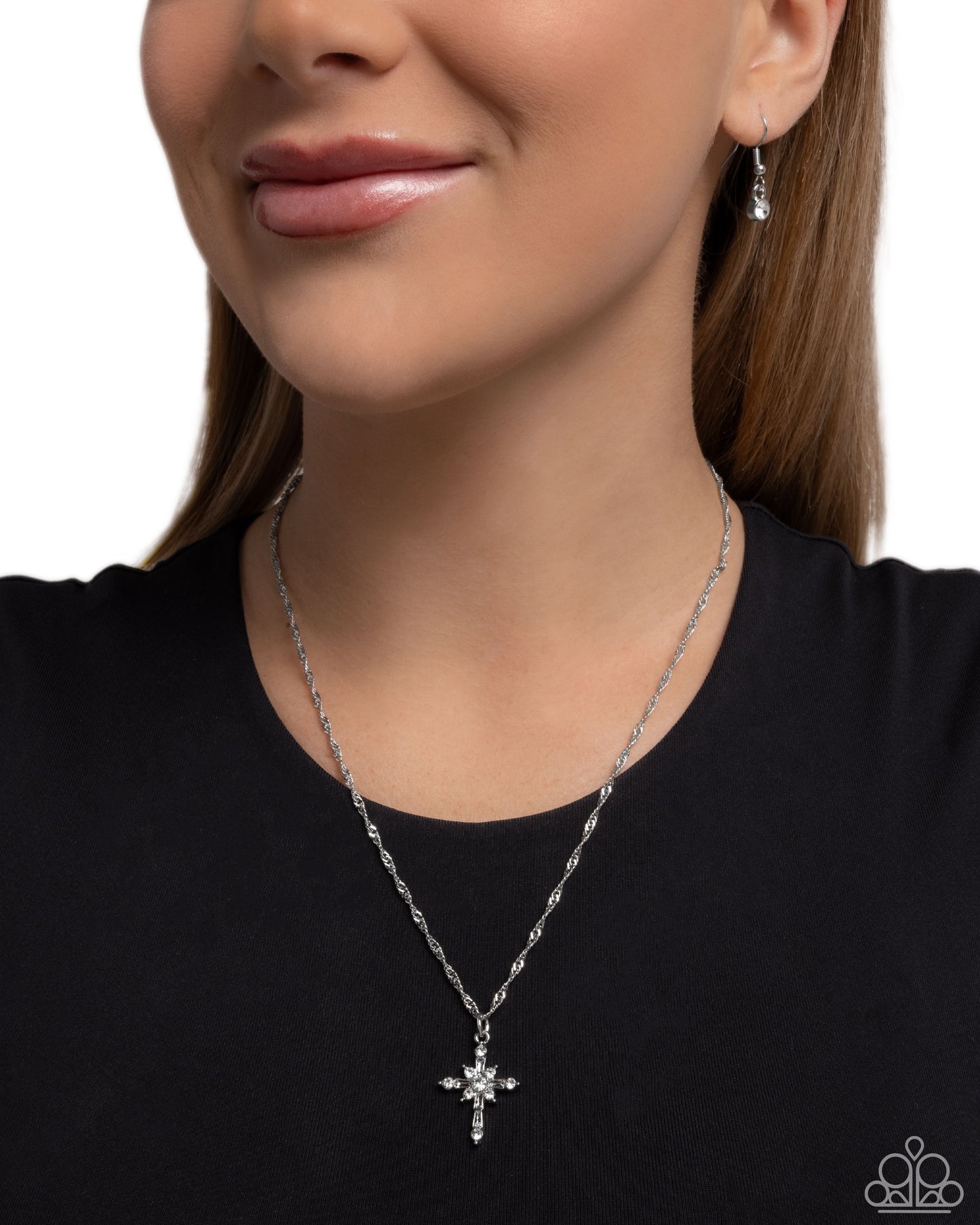 Graceful Glory - White Rhinestone, Silver Cross Necklace - Paparazzi Accessories