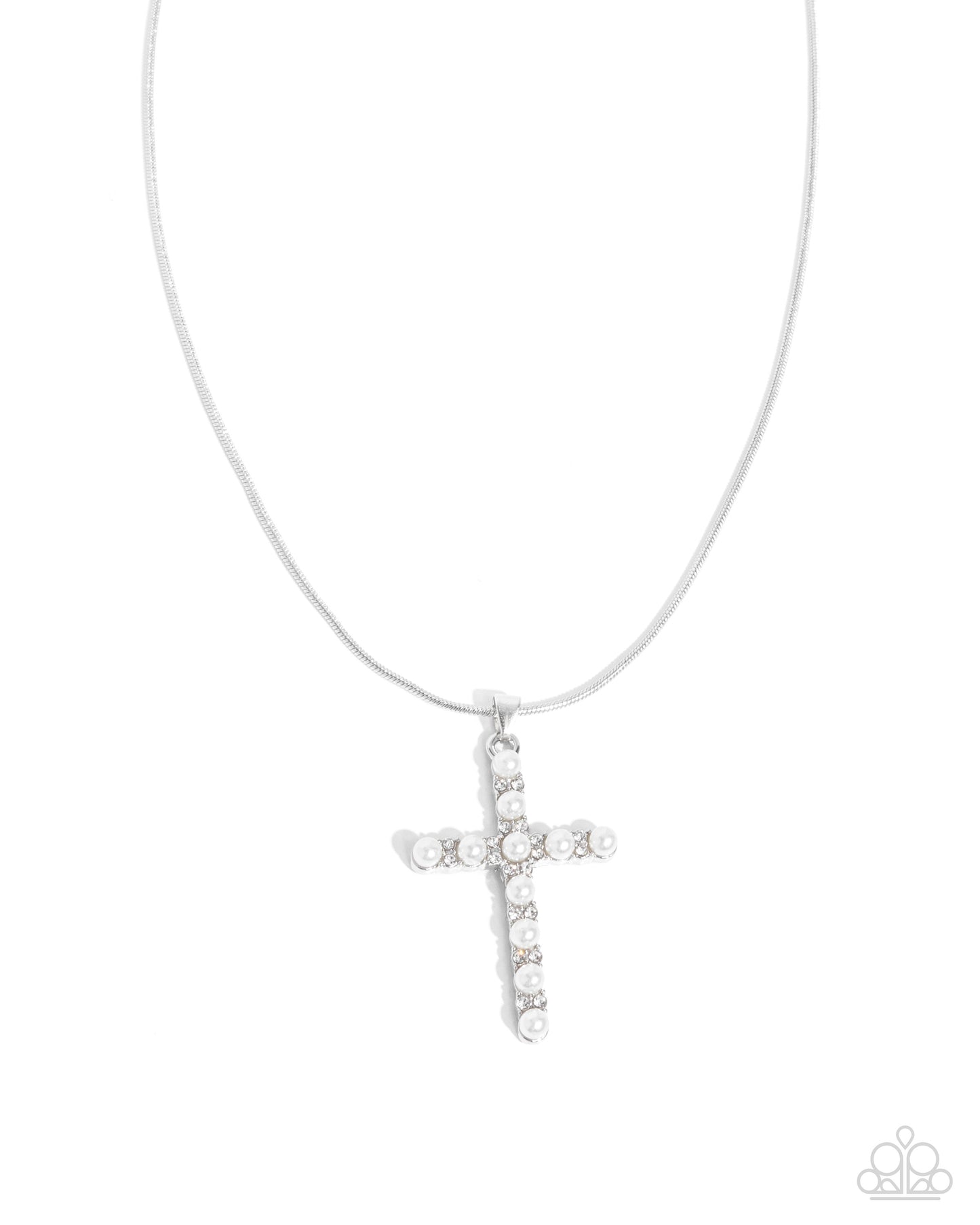 Holy Harmony - White Pearl Silver Cross Pendant Necklace - Paparazzi Accessories