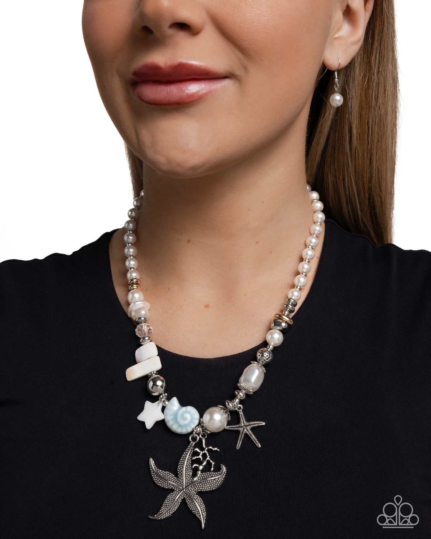 Coastal Cameo - Blue Beads White Pearls Silver Starfish Necklace - Paparazzi Accessories