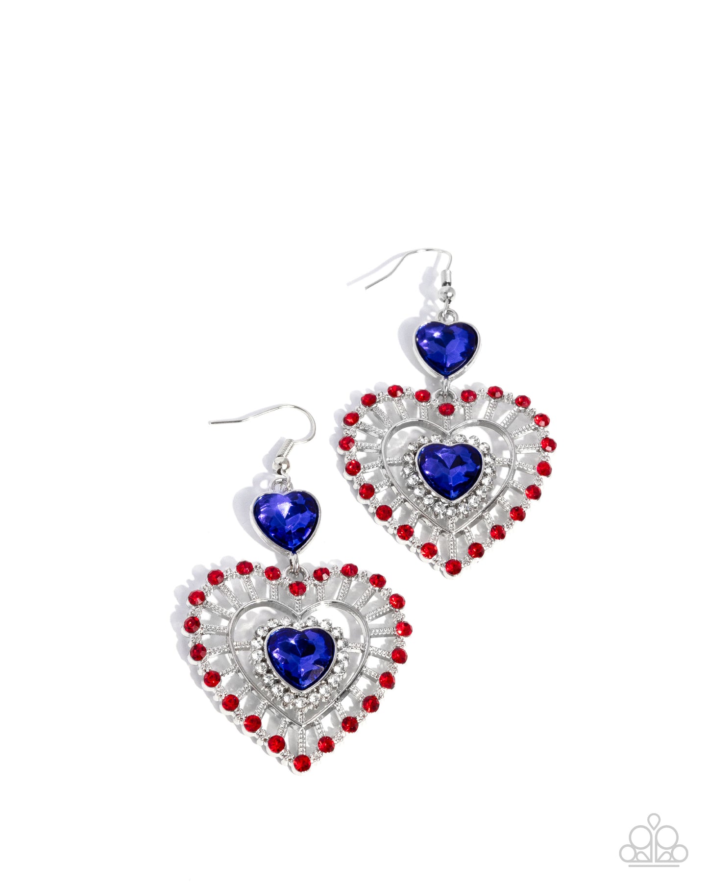 Patriotic Pattern - Multi - Blue Heart Gem Red Rhinestone Silver Fishhook Earrings - Paparazzi Accessories