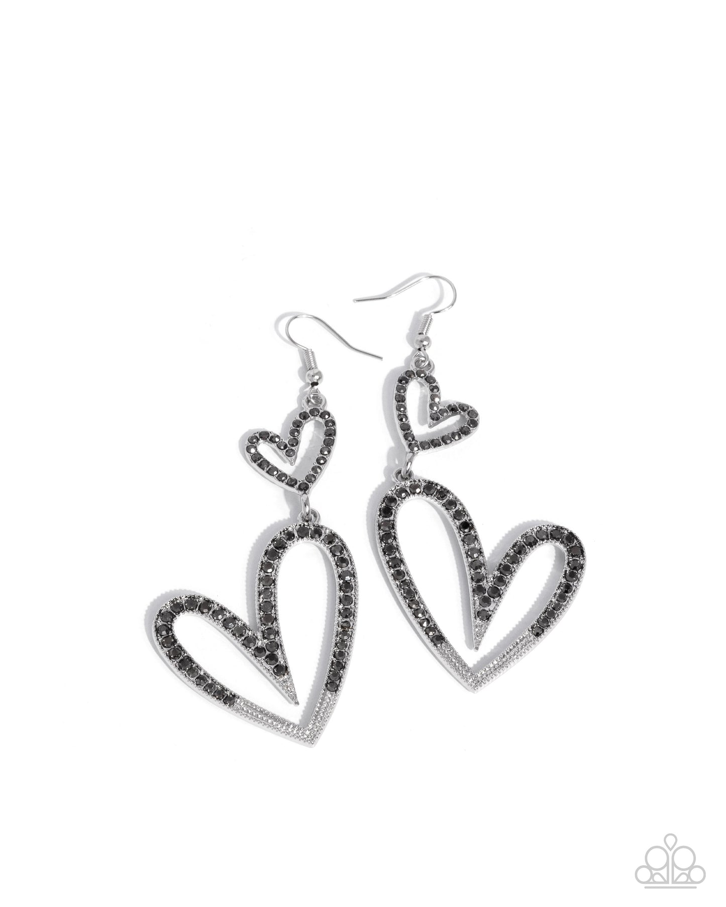 Power Couple - Silver Hematite Rhinestone Hearts Fishhook Earrings - Paparazzi Accessories