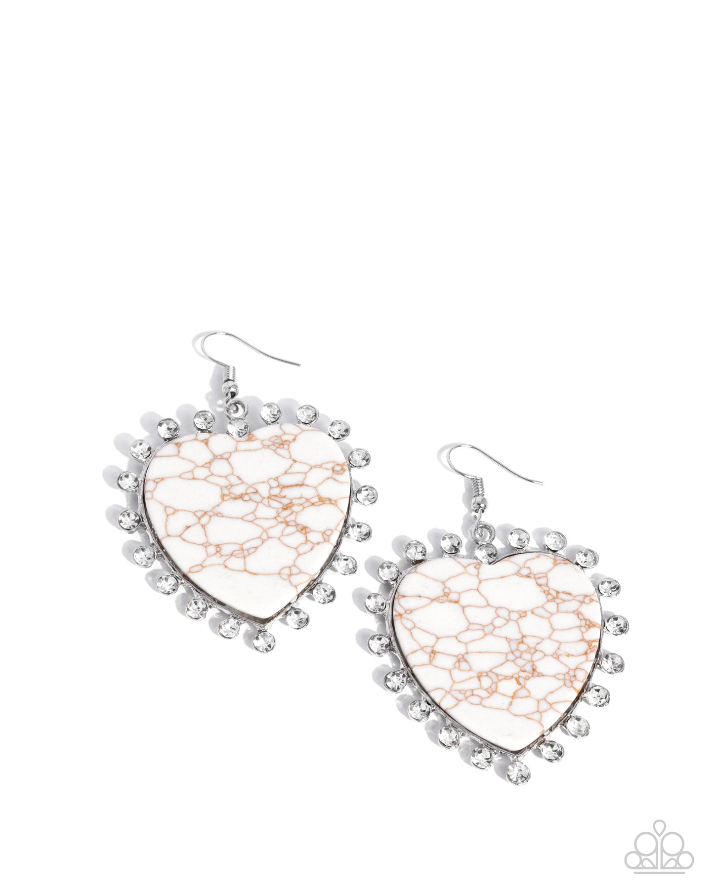 Dazzling Damsel - White Marbled Crackle Stone Heart White Rhinestone Silver Fishhook Earrings - Paparazzi Accessories