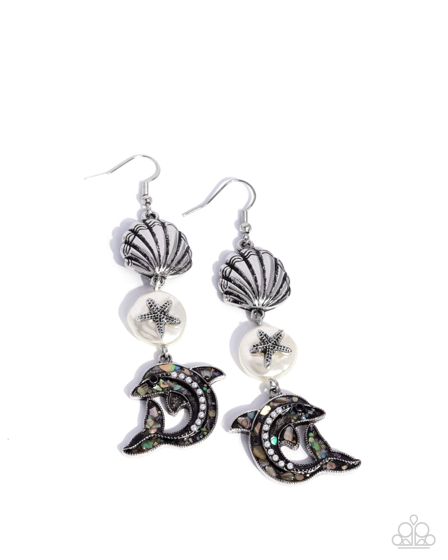 Delightful Dolphin - White Pearl Silver Shell & Dolphin Fishhook Earrings - Paparazzi Accessories