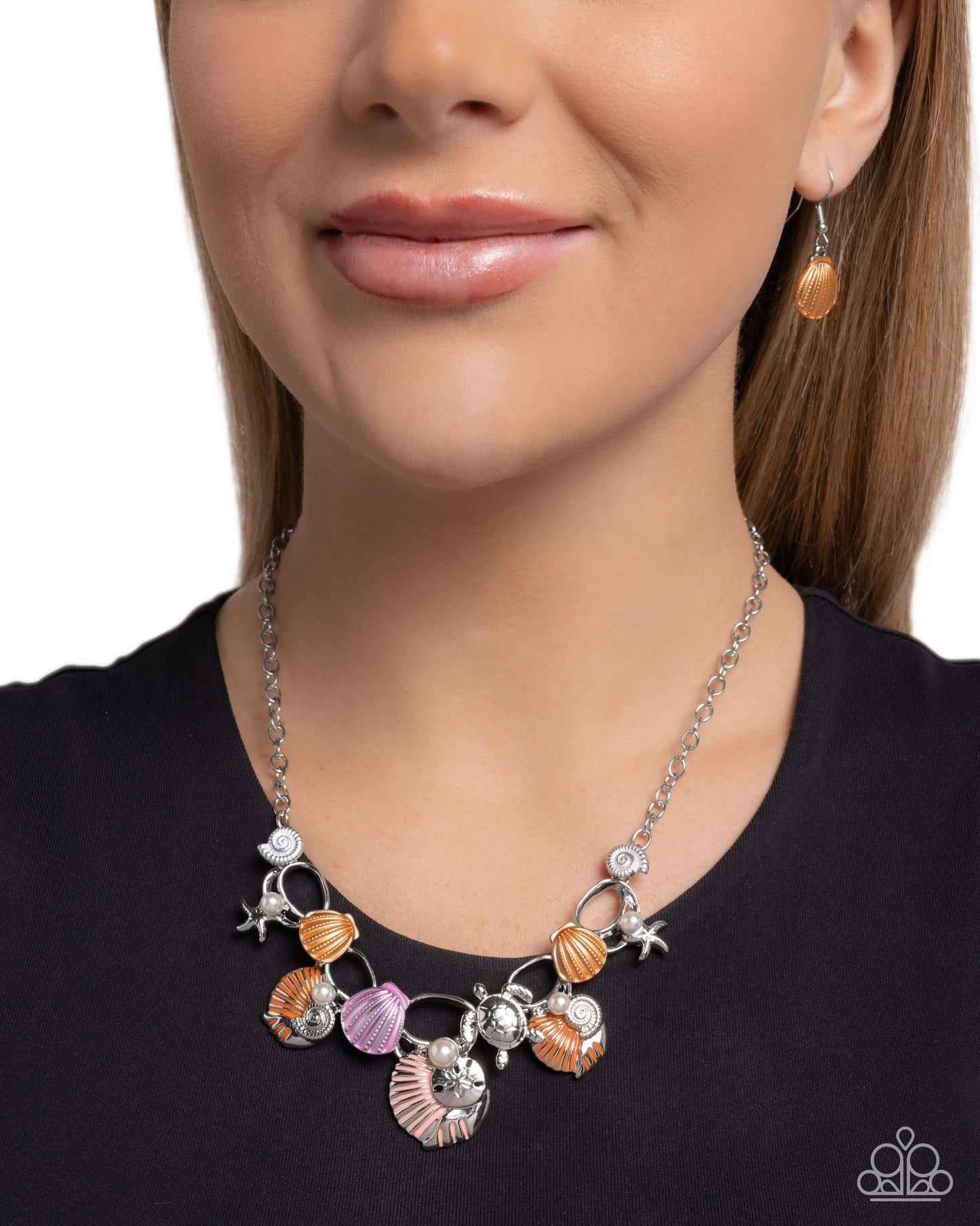 Oceanic Octave - Orange Enamel Silver Starfish, Shells, & Turtle Necklace - Paparazzi Accessories