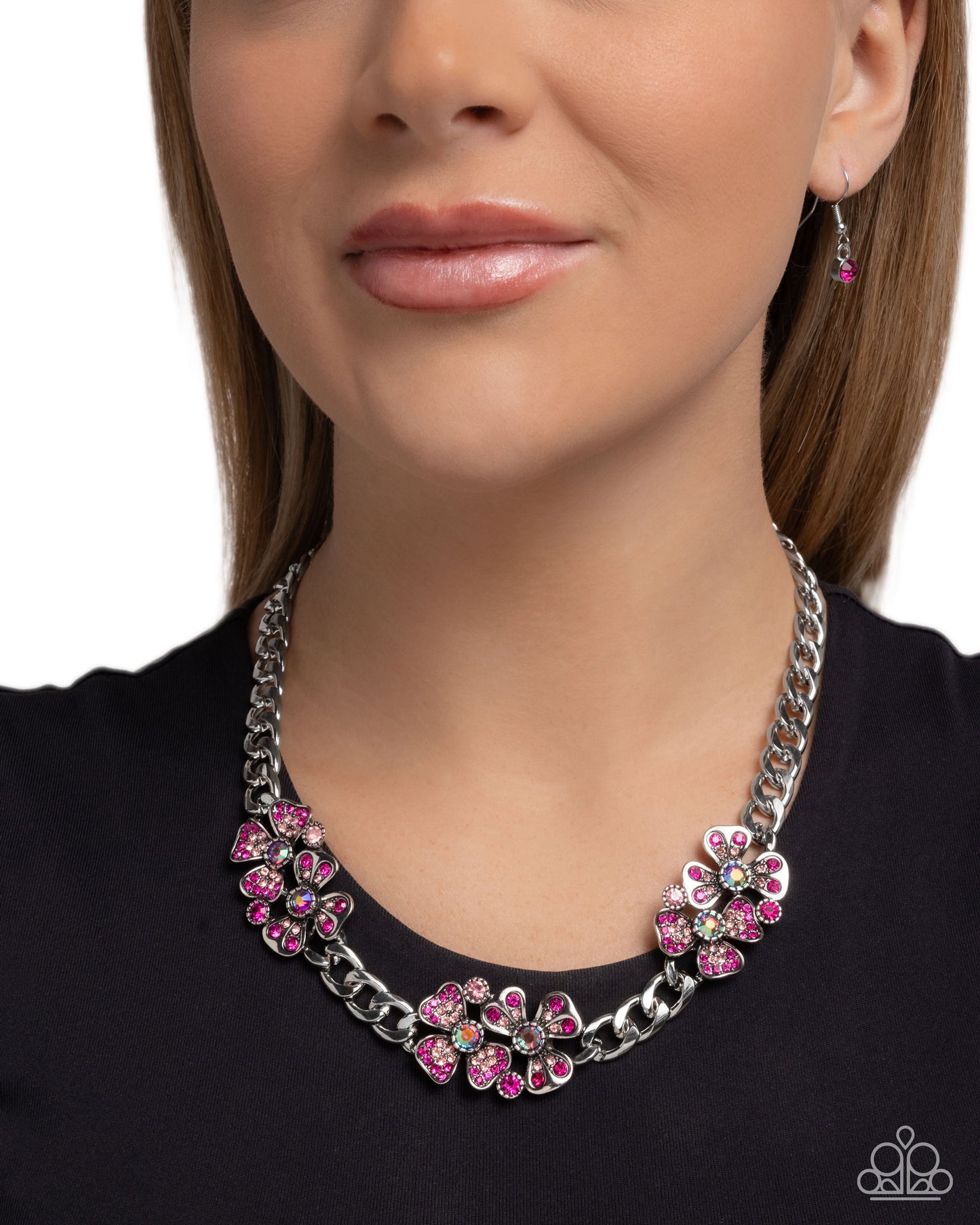 Fairy Florals - Pink Iridescent Rhinestone Flowers Silver Curb Chain Necklace - Paparazzi Accessories