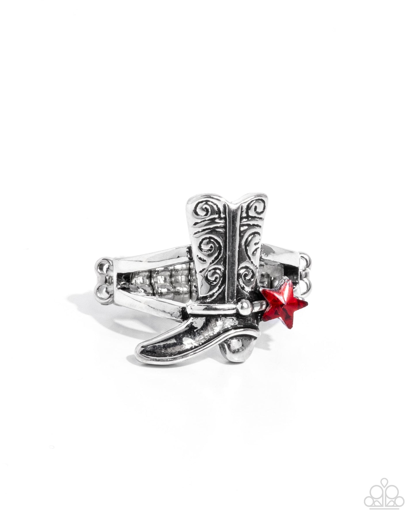 Boot Beginning - Red Rhinestone Star Silver Cowboy Boot Ring - Paparazzi Accessories