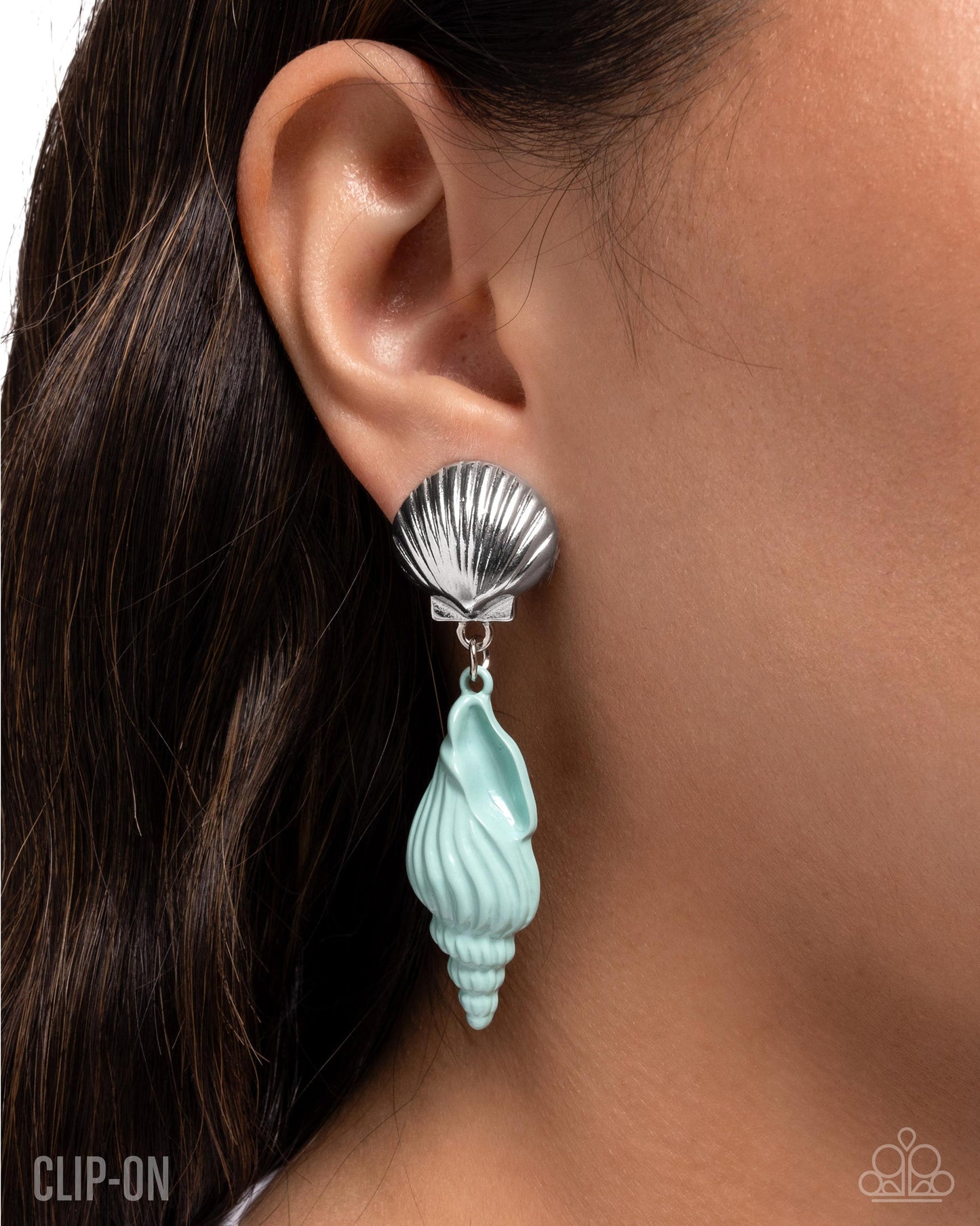 Coastal Collage - Blue Enamel Silver Shell Clip-on Earrings - Paparazzi Accessories