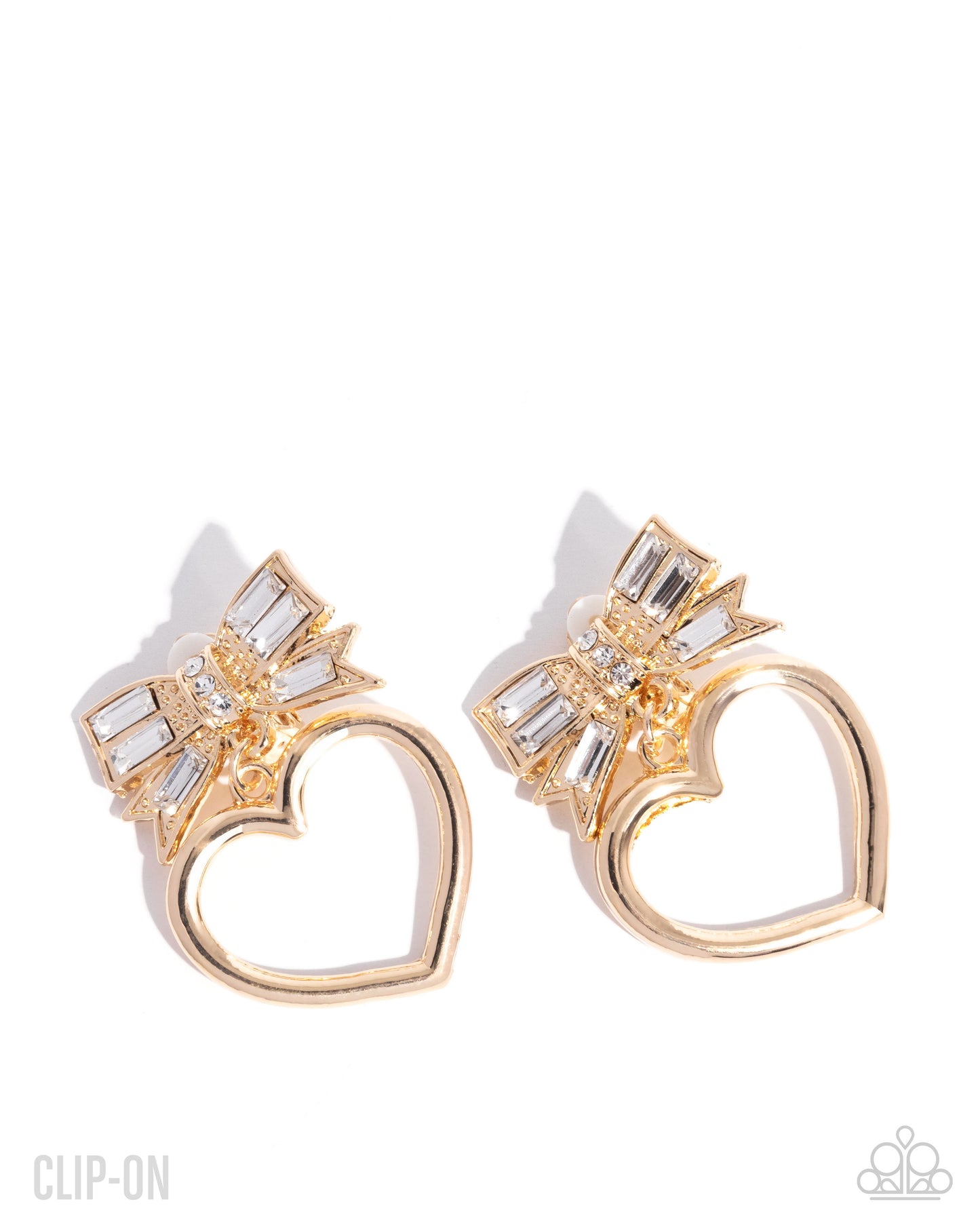 Matchmaking Model - Gold Heart White Rhinestone Bow Clip-on Earrings - Paparazzi Accessories