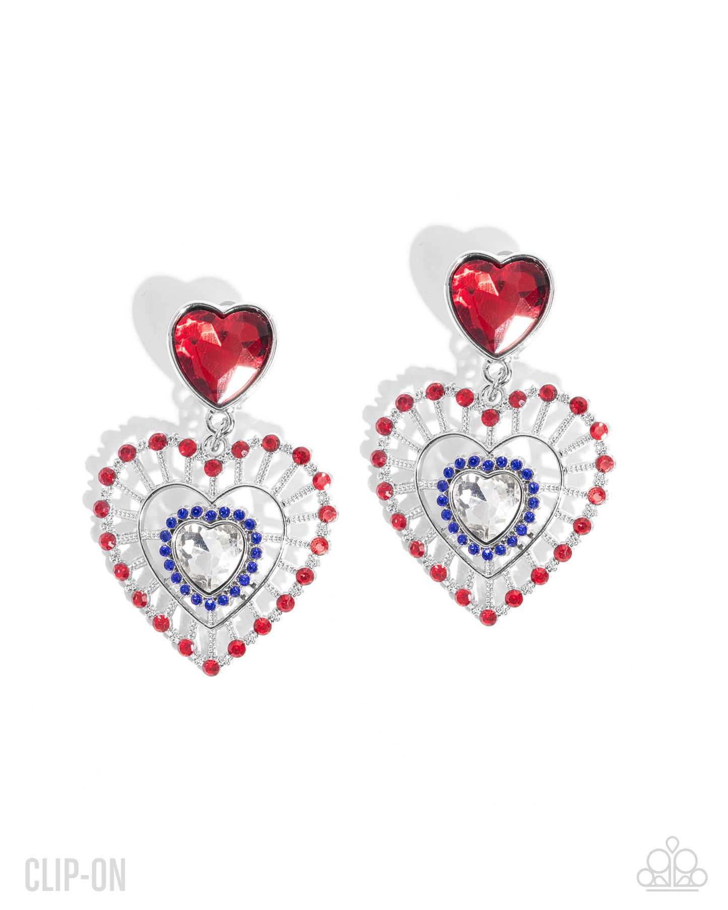 Patriotic Pattern - Multi - Red, White, & Blue Heart Gem Silver Clip-on Earrings - Paparazzi Accessories