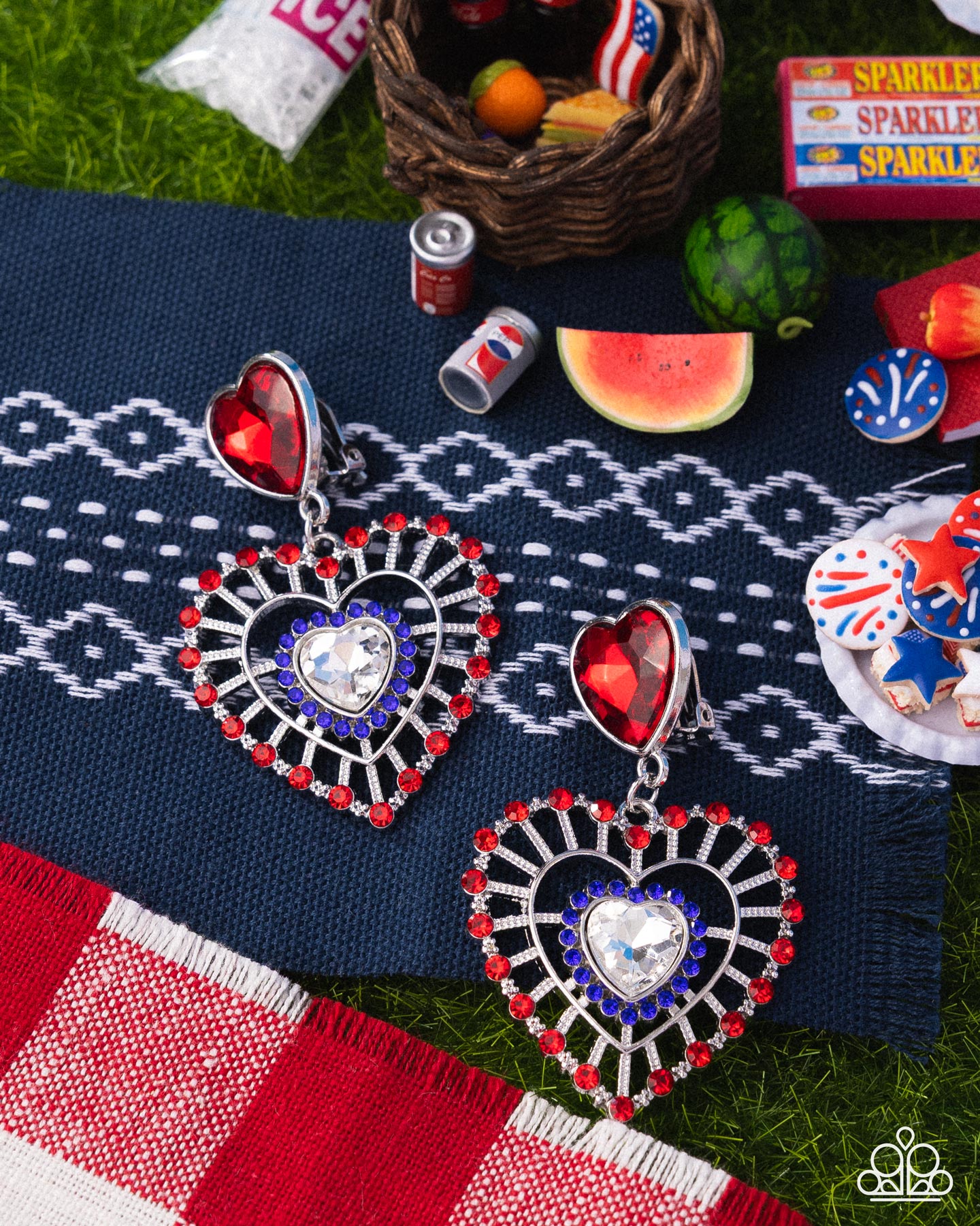 Patriotic Pattern - Multi - Red, White, & Blue Heart Gem Silver Clip-on Earrings - Paparazzi Accessories
