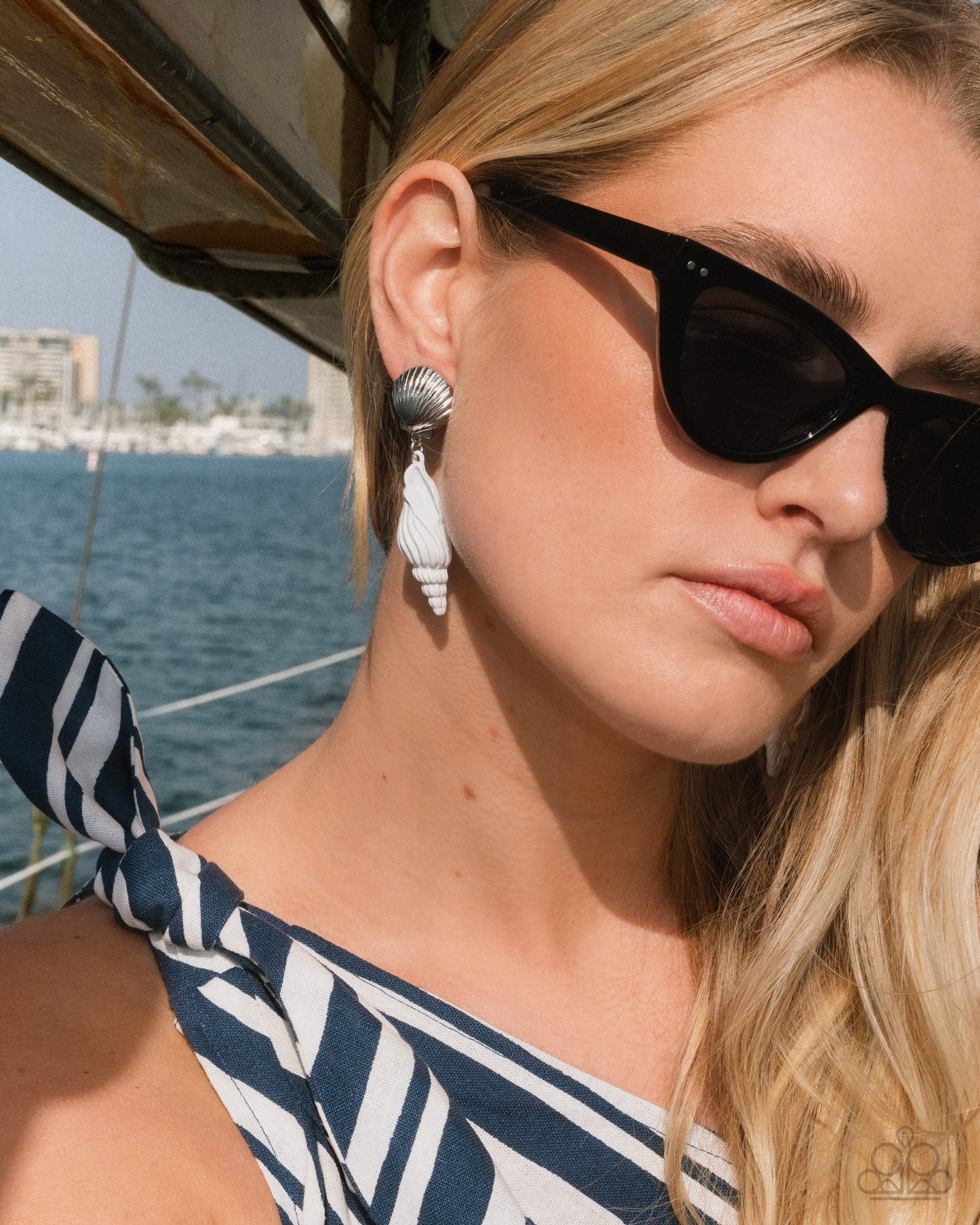 Coastal Collage - White Enamel Seashell Clip-on Earrings - Paparazzi Accessories