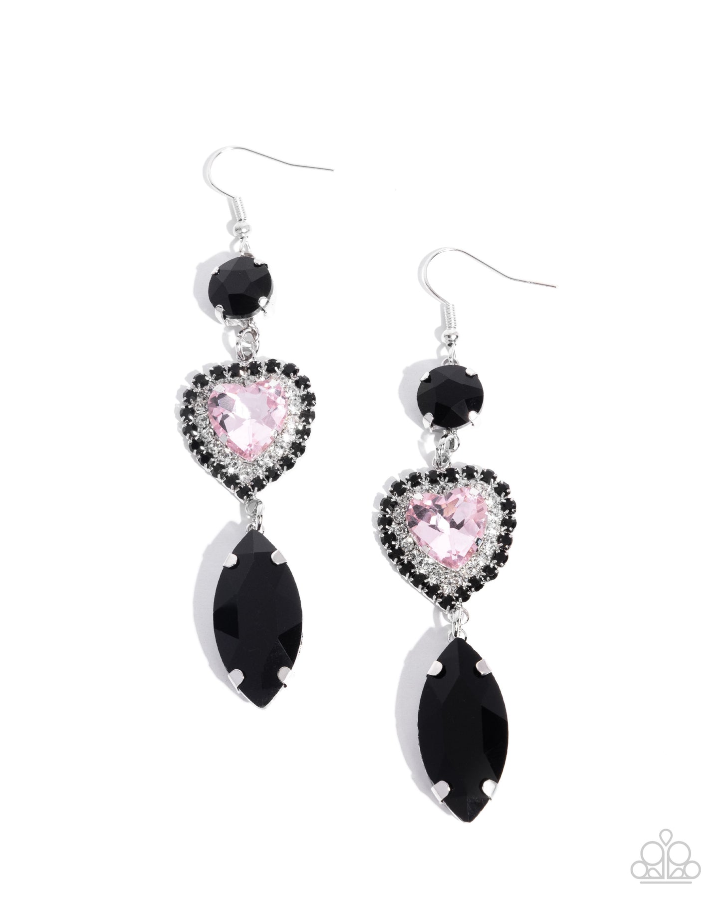 Smitten Sway - Black Gem Pink Heart Gem Silver Fishhook Earrings - Paparazzi Accessories