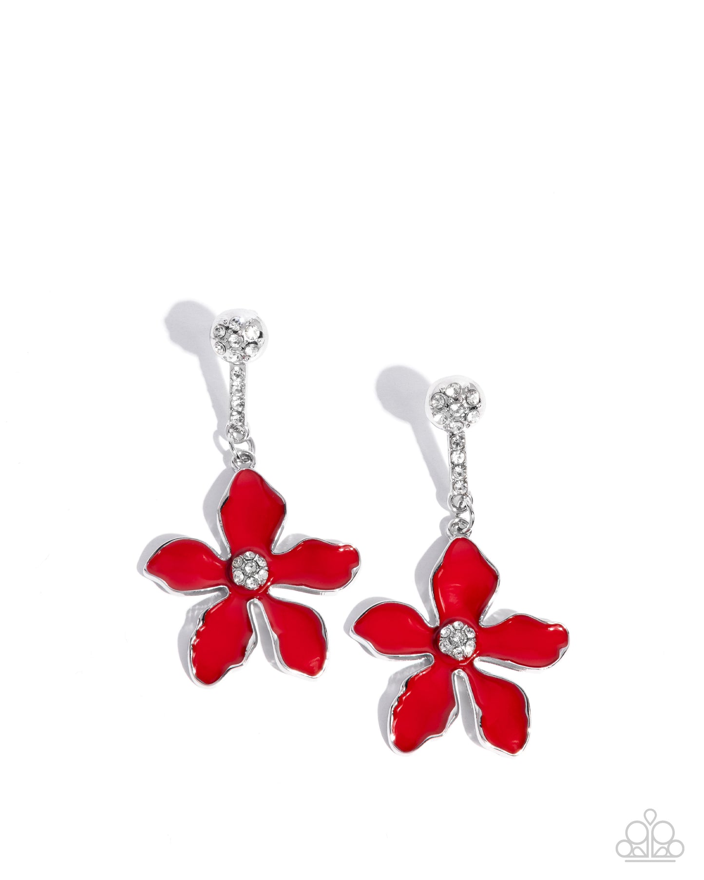 Floral Fleet - Red Enamel Flower White Rhinestone Silver Post Earrings - Paparazzi Accessories