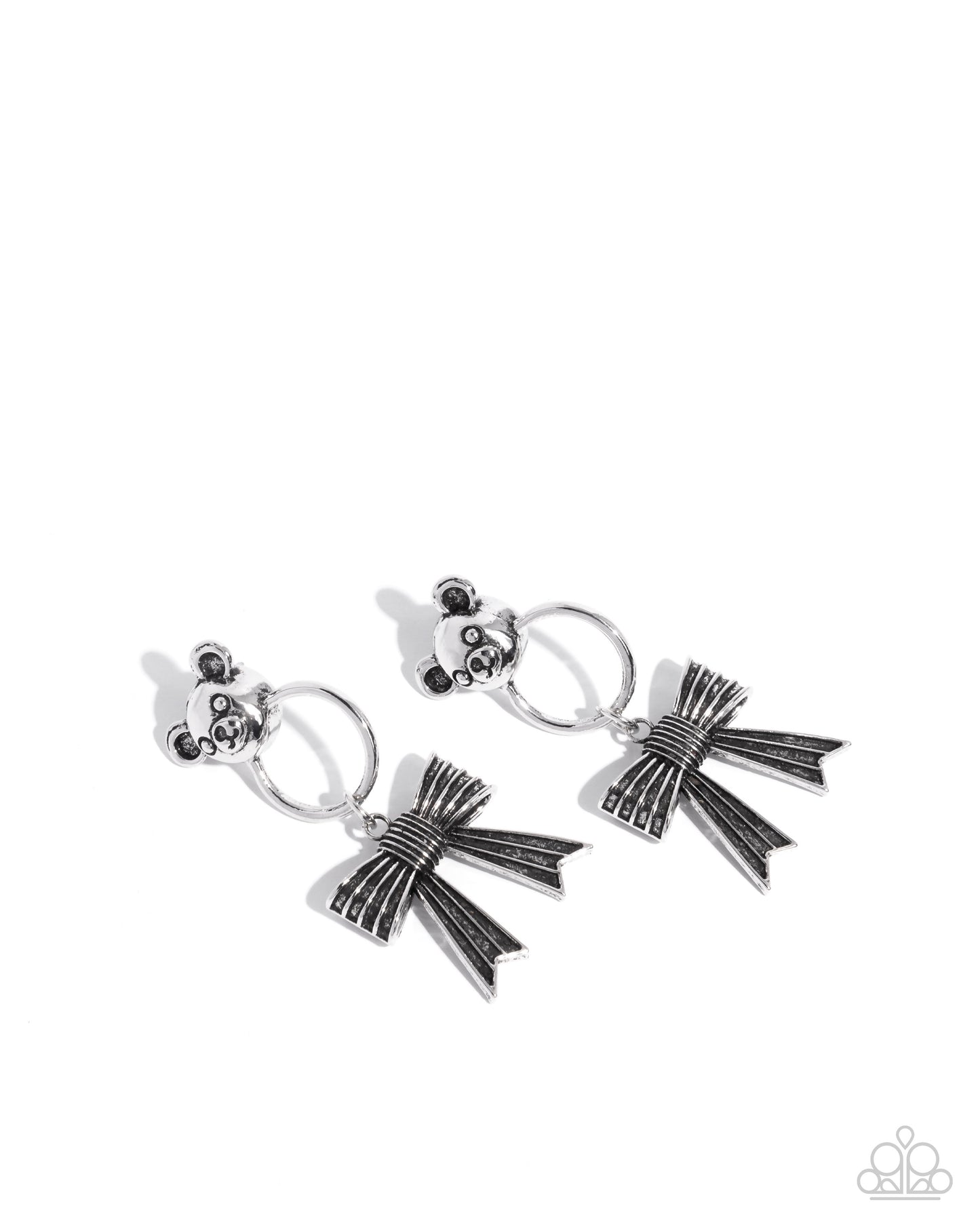 Bear in Mind - Silver Teddy Bear & Bow Post Earrings - Paparazzi Accessories
