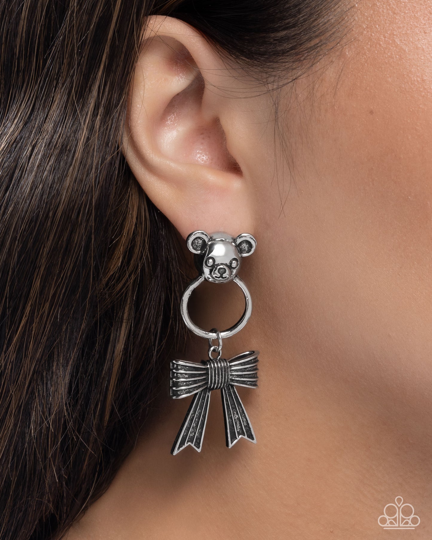 Bear in Mind - Silver Teddy Bear & Bow Post Earrings - Paparazzi Accessories