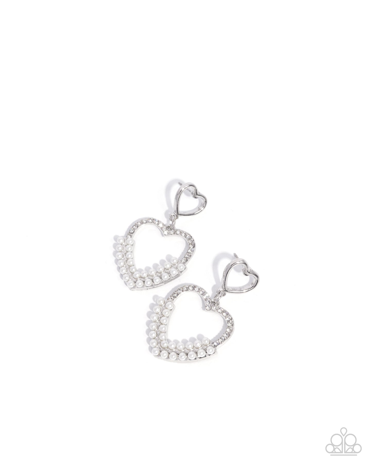 Dangling Damsel - White Rhinestone and Pearl Heart Earrings - Paparazzi Accessories
