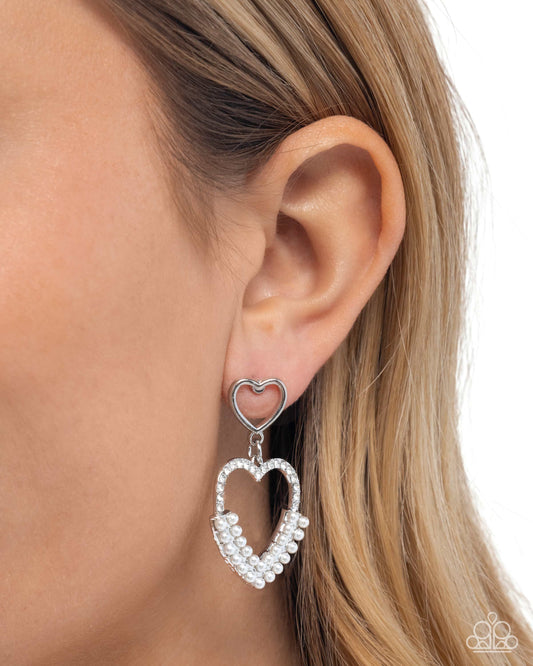 Dangling Damsel - White Rhinestone and Pearl Heart Earrings - Paparazzi Accessories