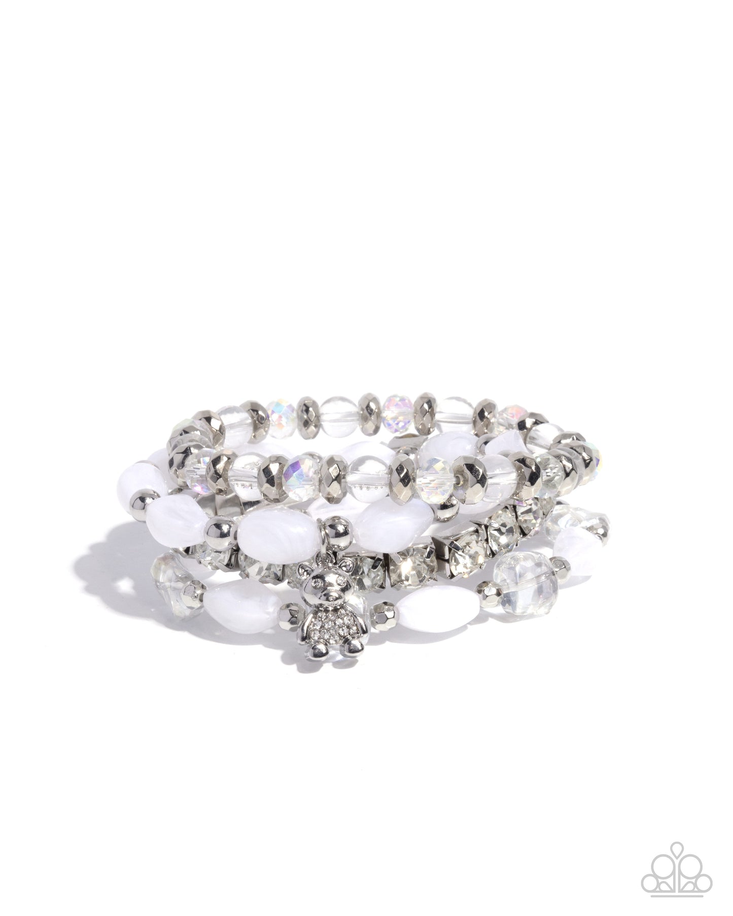 Bewitching Bear - White Beaded Silver Bear Charm Stretchy Bracelets - Paparazzi Accessories