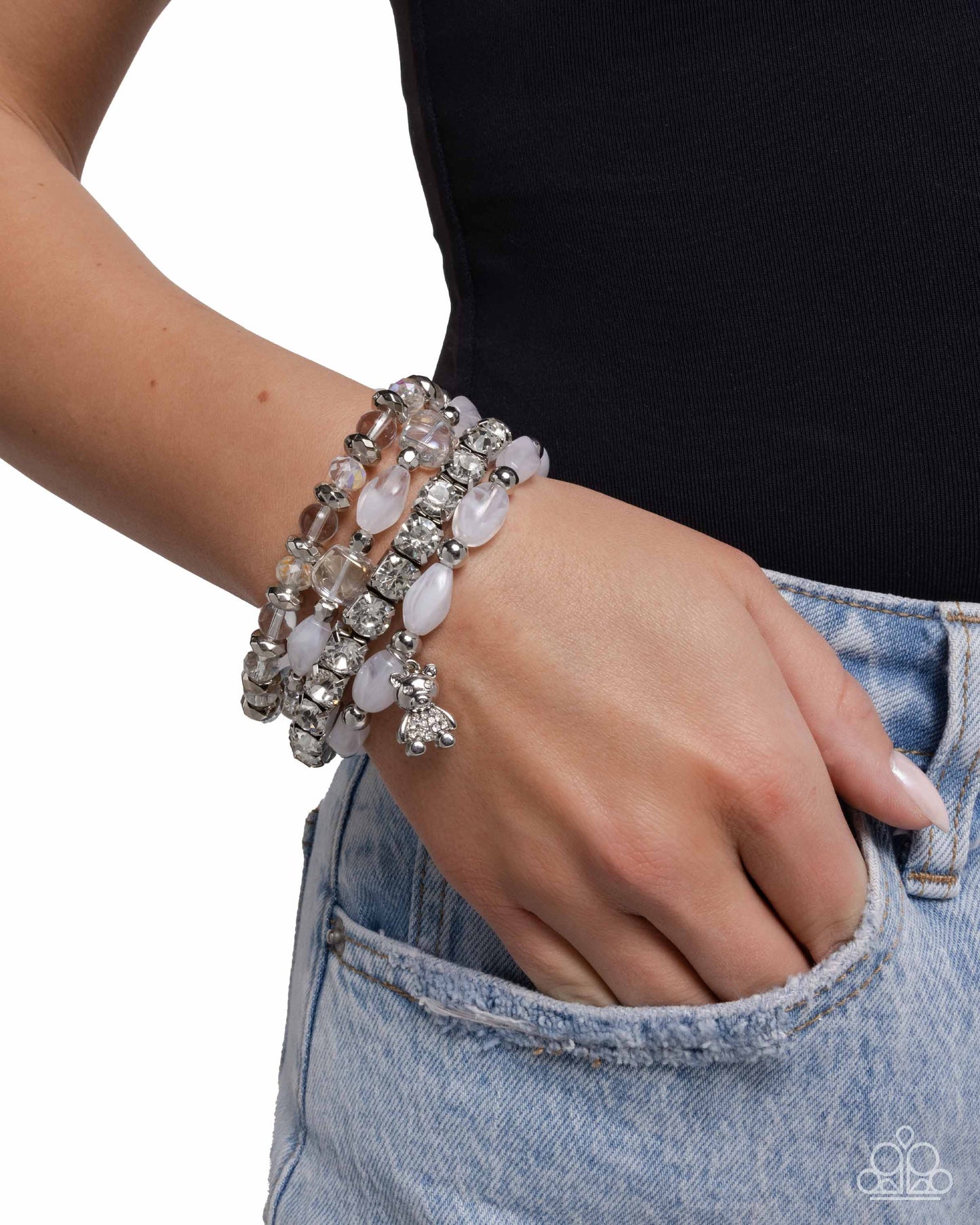 Bewitching Bear - White Beaded Silver Bear Charm Stretchy Bracelets - Paparazzi Accessories