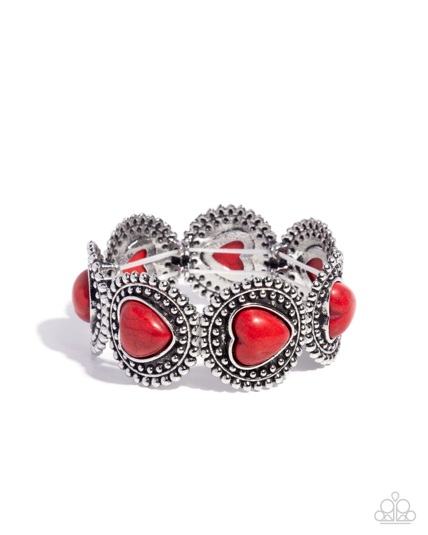 Rural Romance - Red Heart Crackle Stone Silver Stretchy Bracelet - Paparazzi Accessories