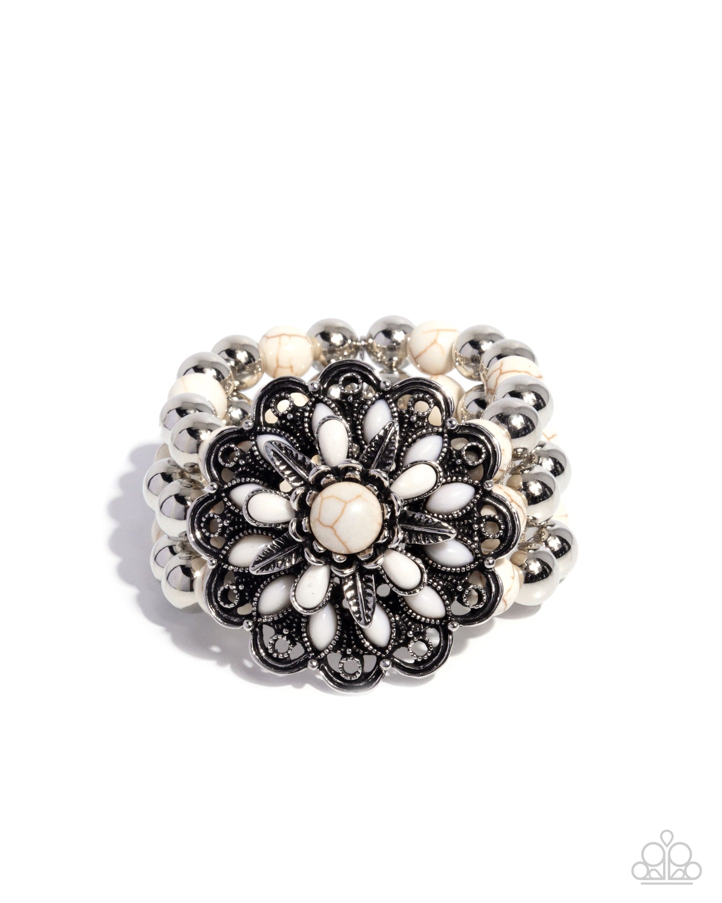 Floral Figment - White Crackle Stone Silver Stretchy Bracelet - Paparazzi Accessories