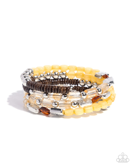 Eclectic Empire - Yellow Acrylic, Brown Stone, Silver Coil Bracelet - Paparazzi Accessories