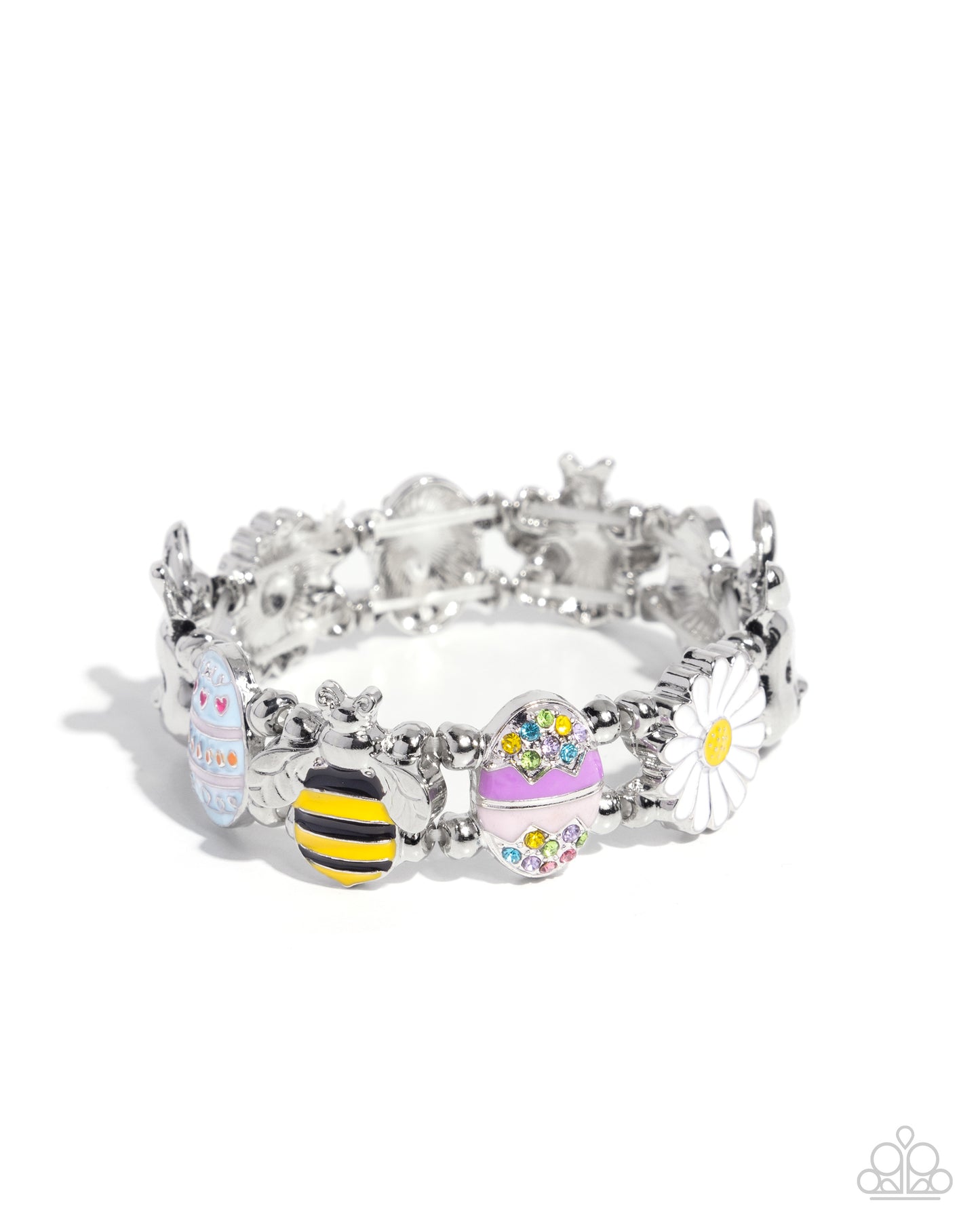 Eager Easter - Multi Enamel Bunny, Bumblebee, Daisy, Silver Stretchy Bracelet - Paparazzi Accessories