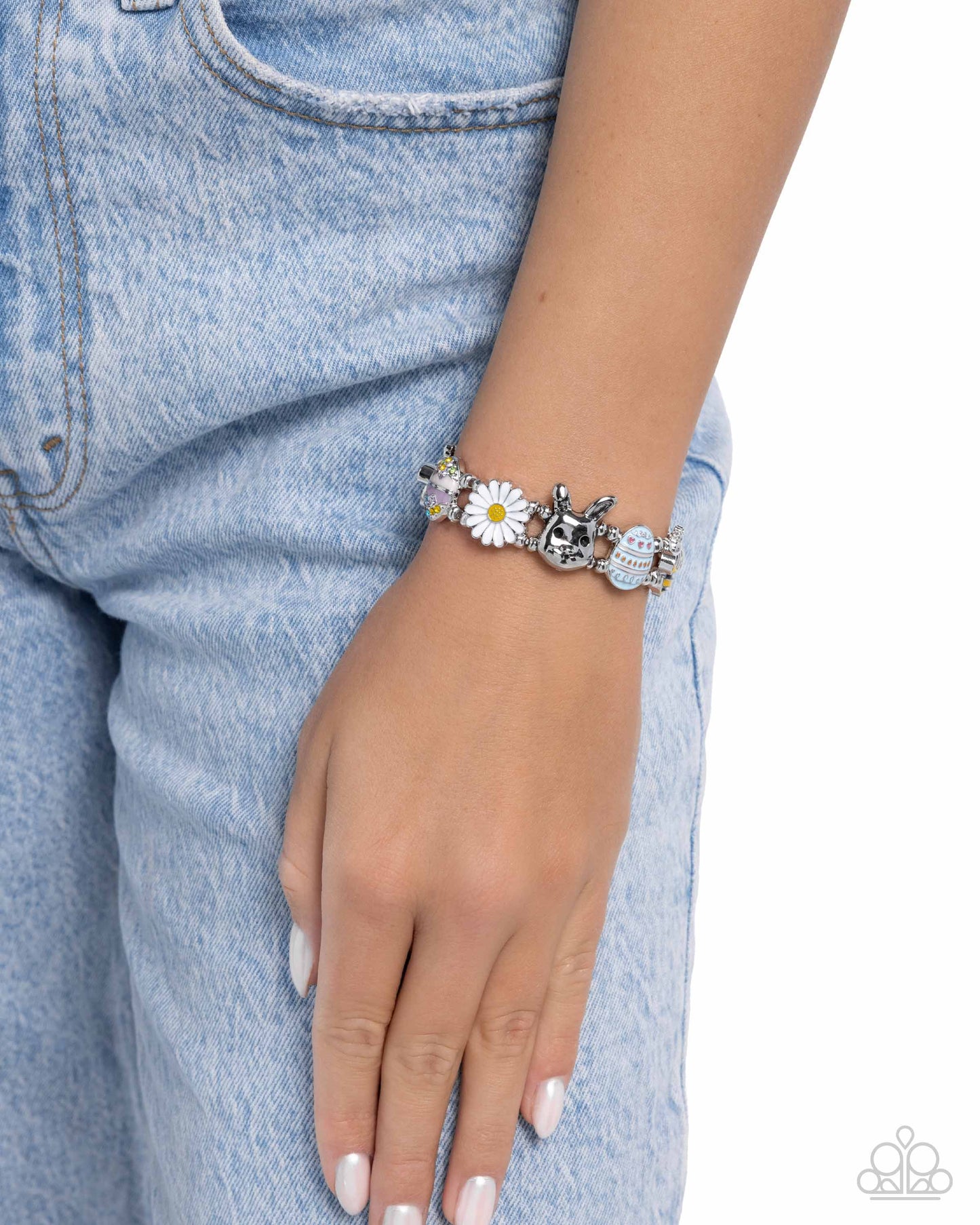 Eager Easter - Multi Enamel Bunny, Bumblebee, Daisy, Silver Stretchy Bracelet - Paparazzi Accessories