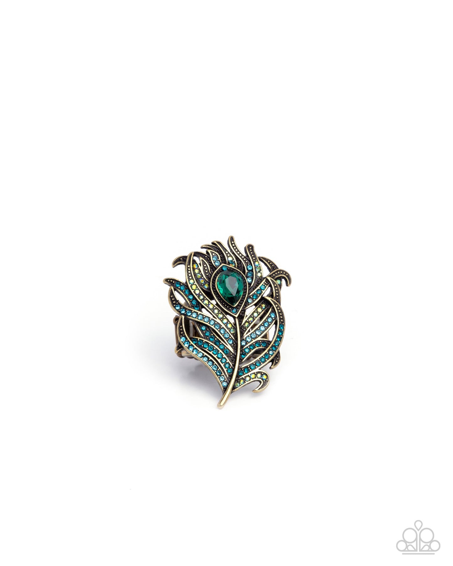 Polished Peacock - Brass, Green & Blue Iridescent Rhinestone Feather Ring - Paparazzi Accessories