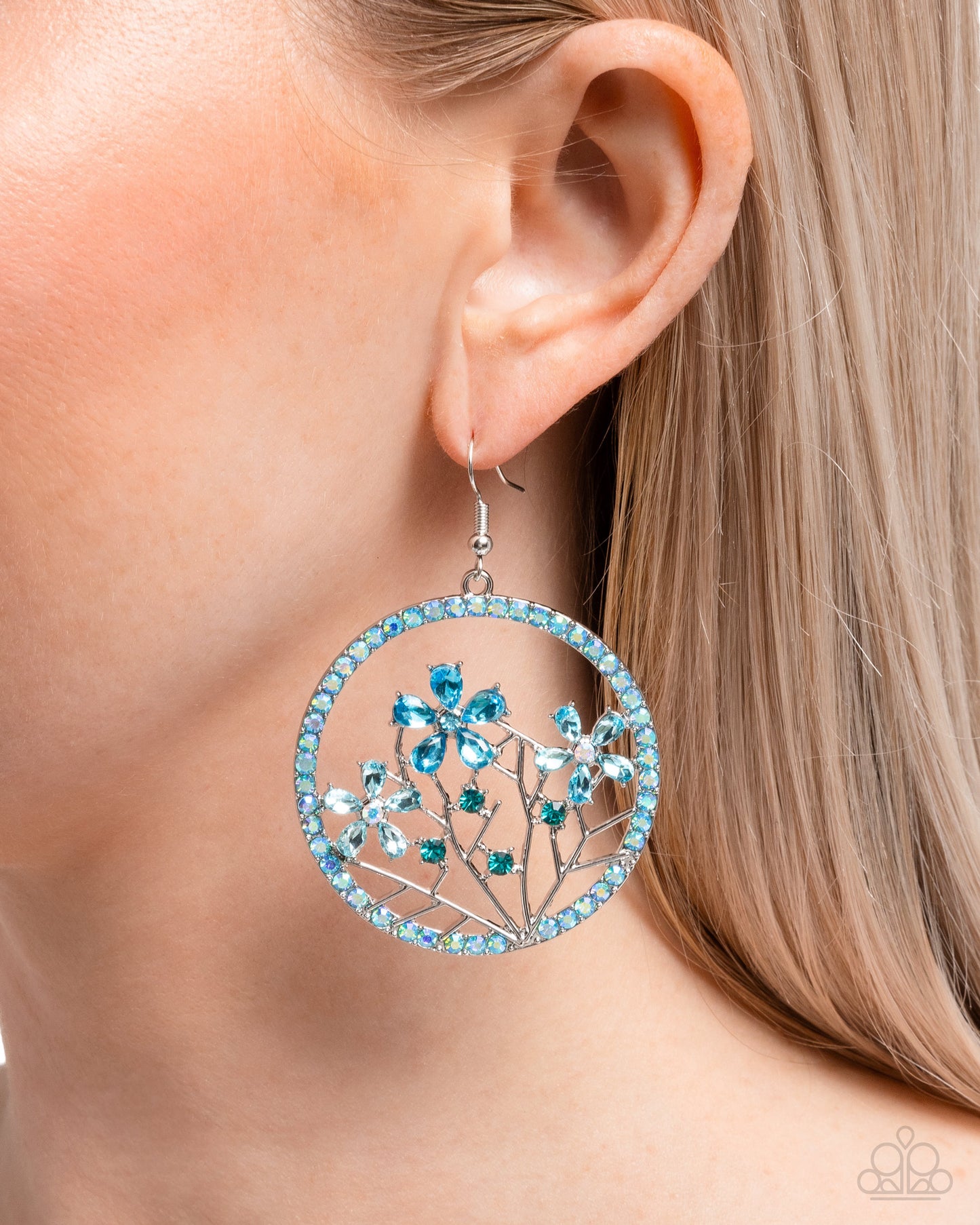 Basic Bouquet - Blue Iridescent Rhinestone Flower Silver Fishhook Earrings - Paparazzi Accessories