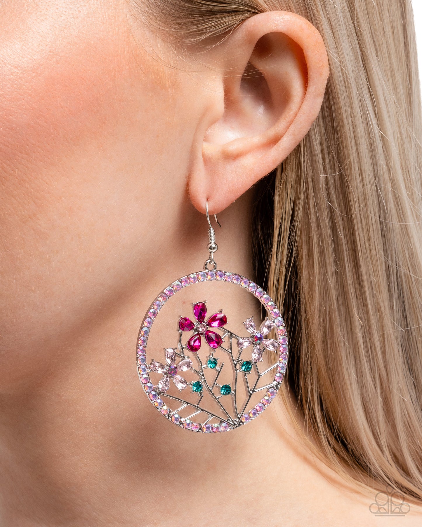 Basic Bouquet - Pink Iridescent Rhinestone Flower Silver Fishhook Earrings - Paparazzi Accessories
