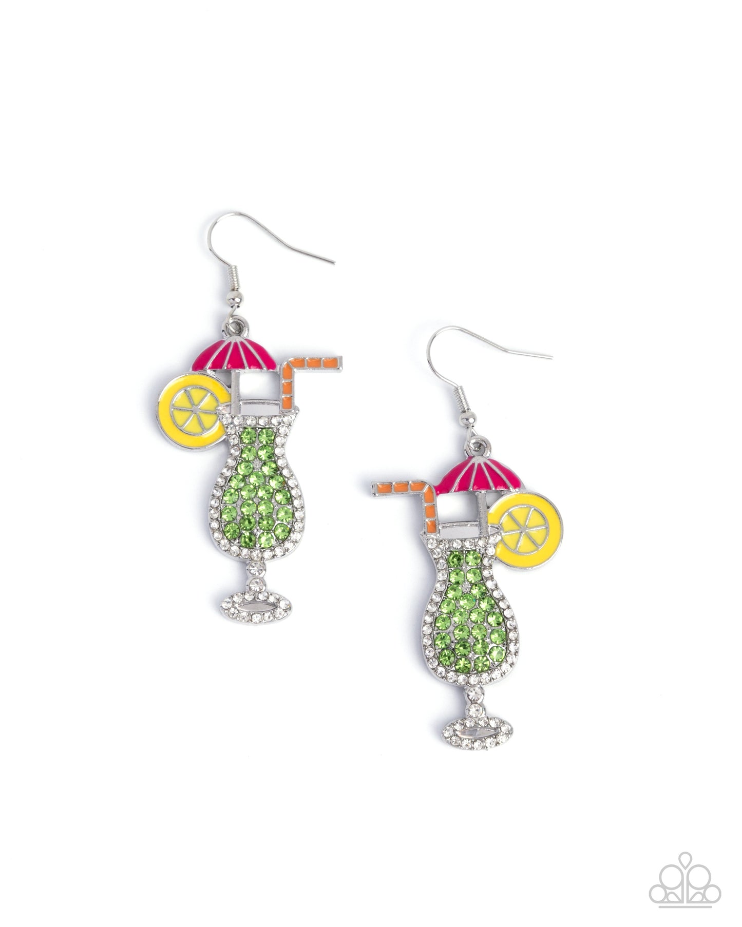 Delightful Daiquiri - Green Rhinestone Cocktail Drink Silver Fishhook Earrings - Paparazzi Accessories