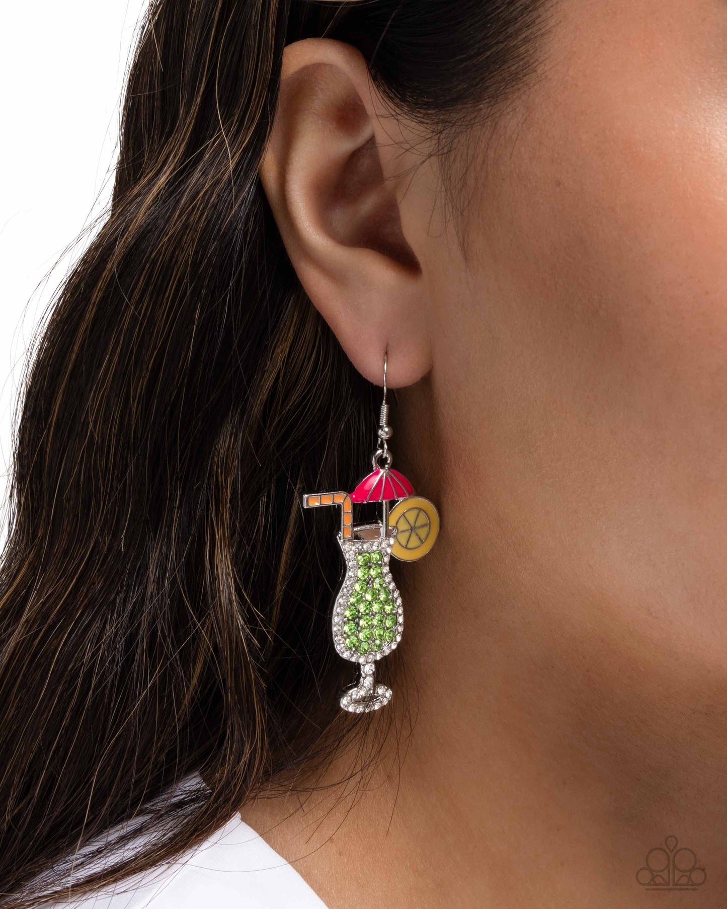 Delightful Daiquiri - Green Rhinestone Cocktail Drink Silver Fishhook Earrings - Paparazzi Accessories