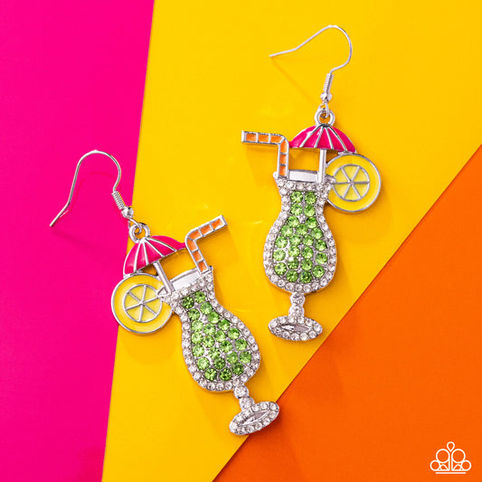 Delightful Daiquiri - Green Rhinestone Cocktail Drink Silver Fishhook Earrings - Paparazzi Accessories