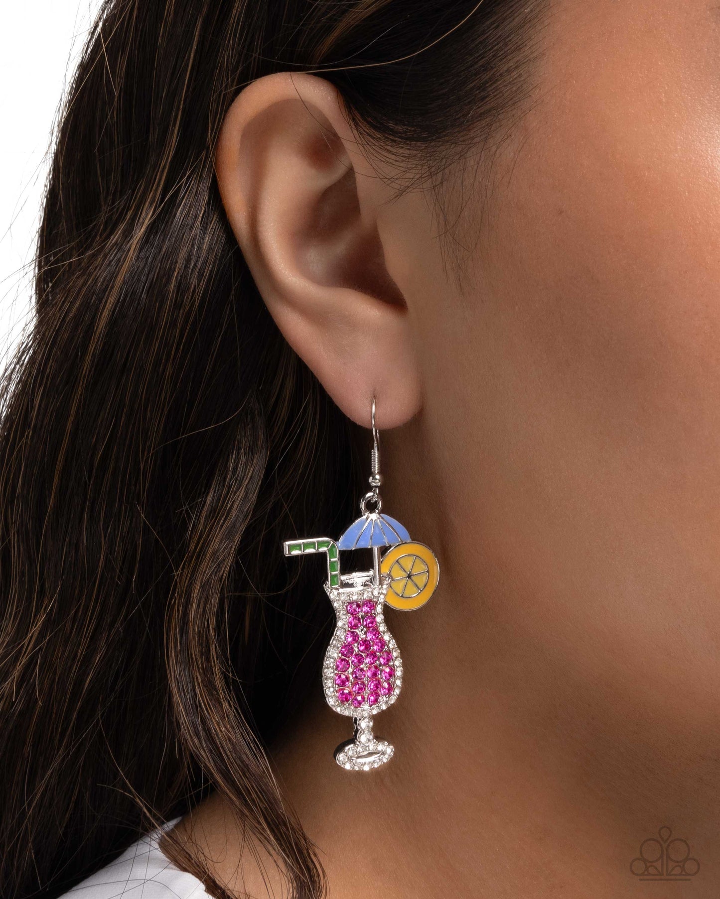 Delightful Daiquiri - Pink Rhinestone Cocktain Drink Silver Fishhook Back Earrings - Paparazzi Accessories