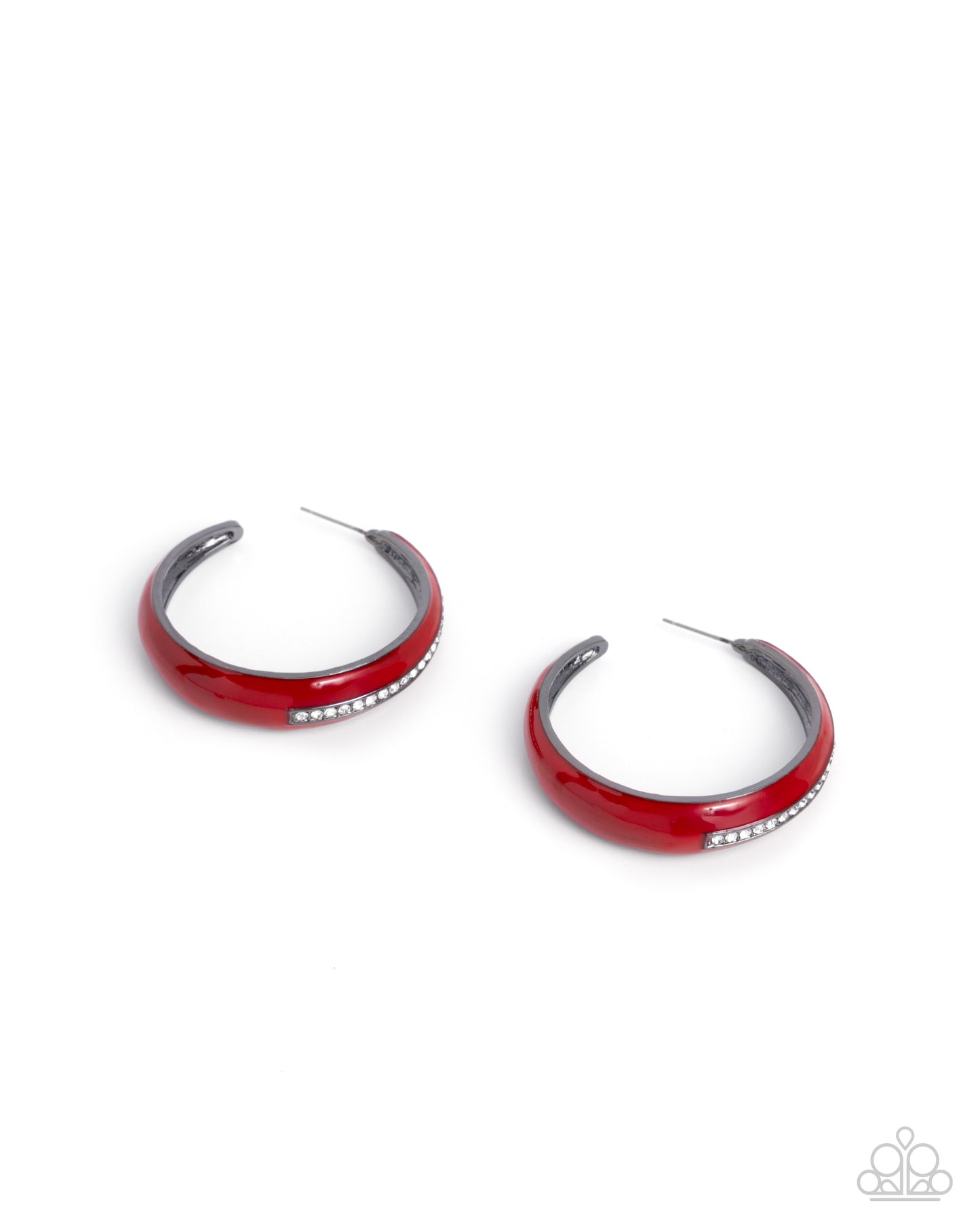 Uniquely Unexpected - Multi Gunmetal, Red Enamel & White Rhinestone Hoop Earrings - Paparazzi Accessories