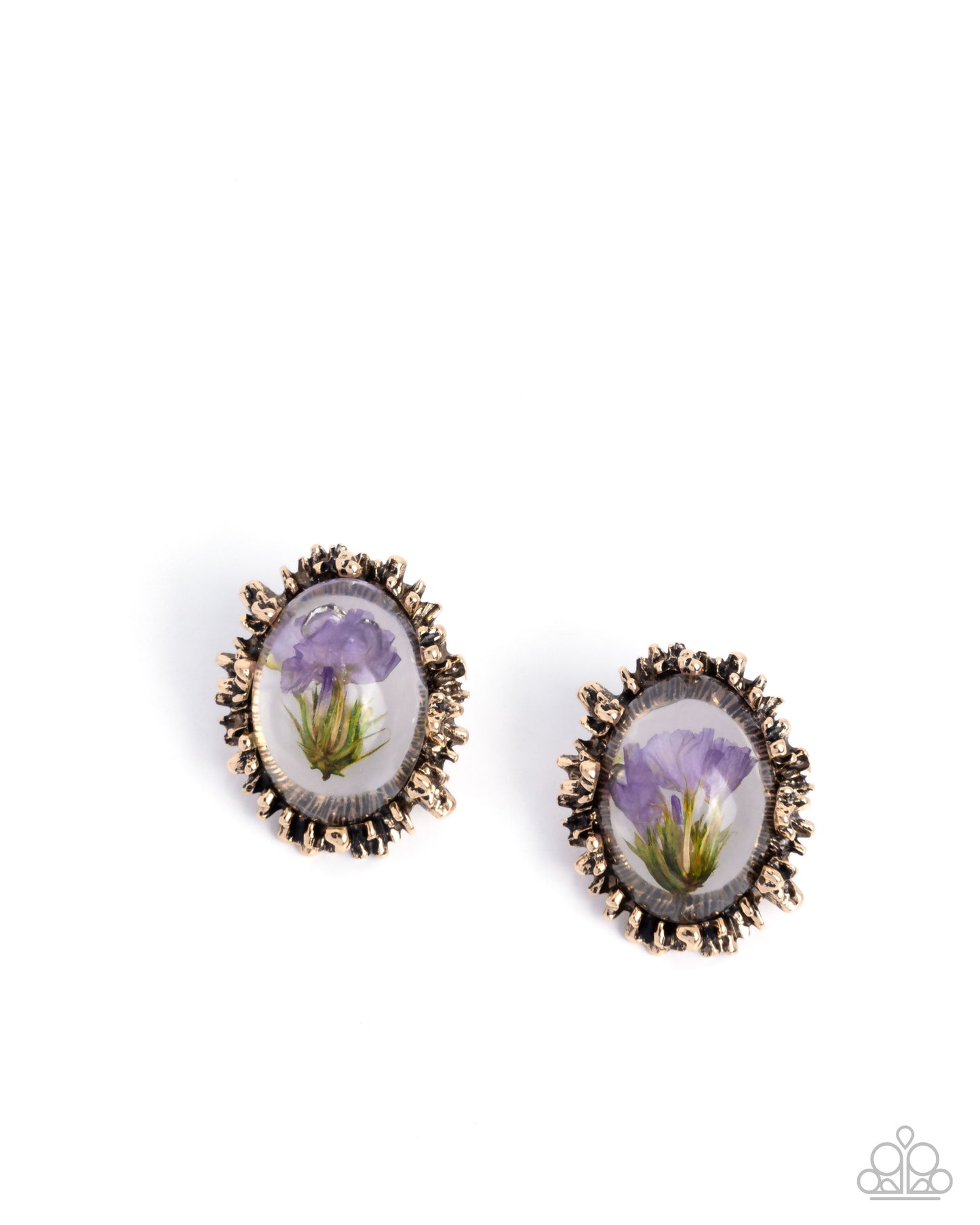 Elaborately Encased - Gold Border Resin Encased Purple Flower Post Earrings - Paparazzi Accessories