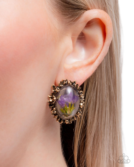 Elaborately Encased - Gold Border Resin Encased Purple Flower Post Earrings - Paparazzi Accessories