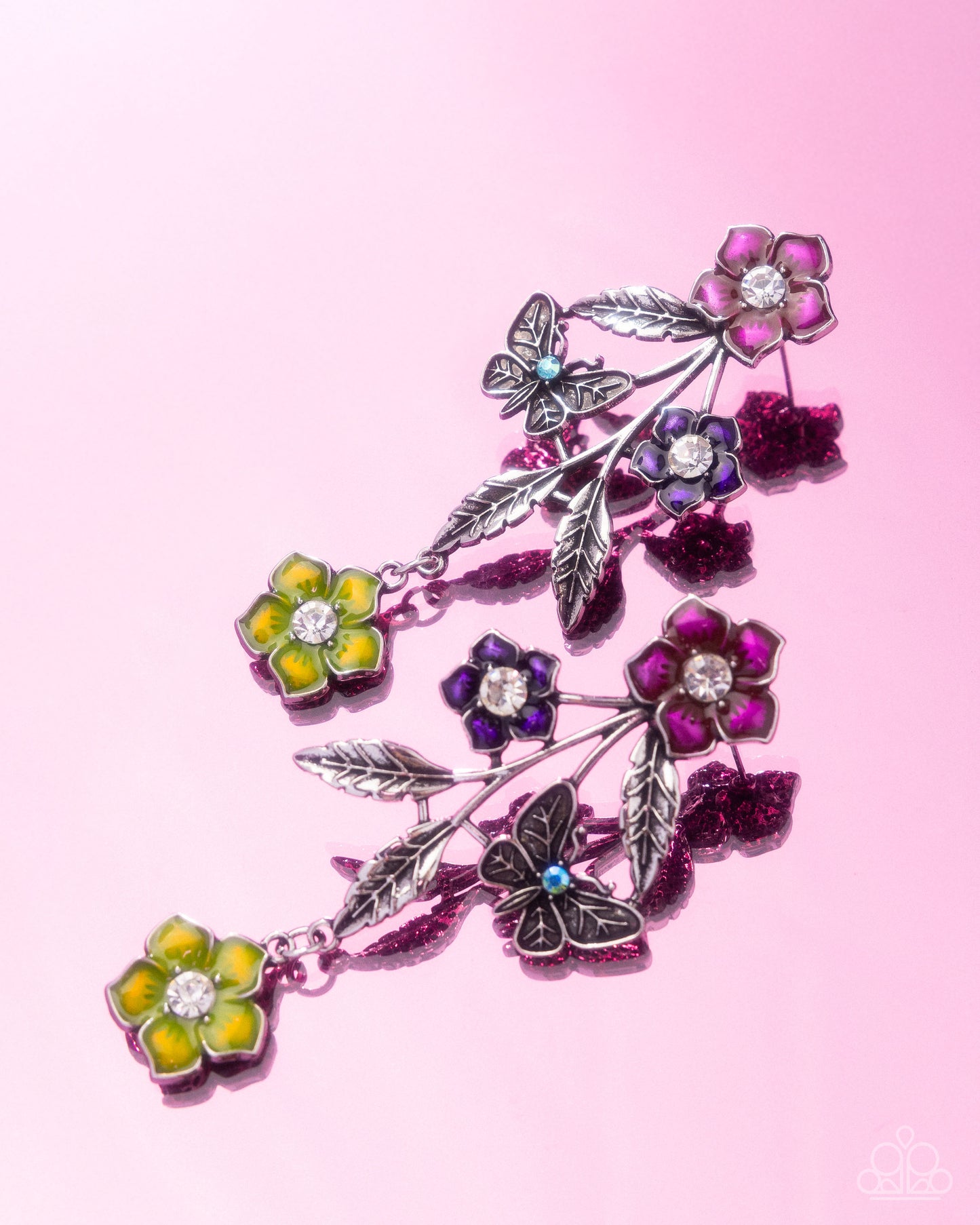 Whimsical Weekend - Multi - Pink, Purple, Green Enamel Flowers Silver Butterfly Post Earrings - Paparazzi Accessories