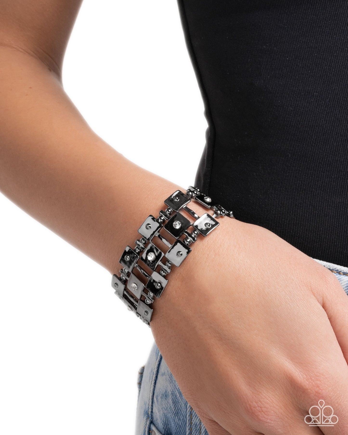 Puzzling Persistence - Black, Gunmetal & White Rhinestone Stretchy Bracelet - Paparazzi Accessories