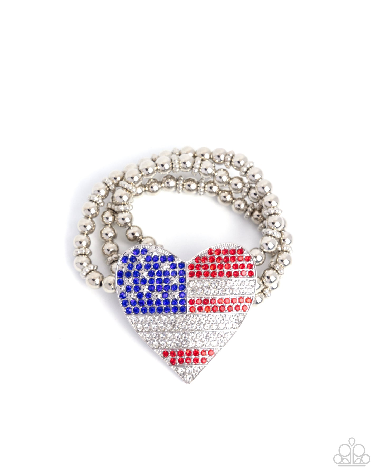 Romantic Republic - Multi - Red, White, & Blue Rhinestone Silver Heart Stretchy Bracelet - Paparazzi Accessories