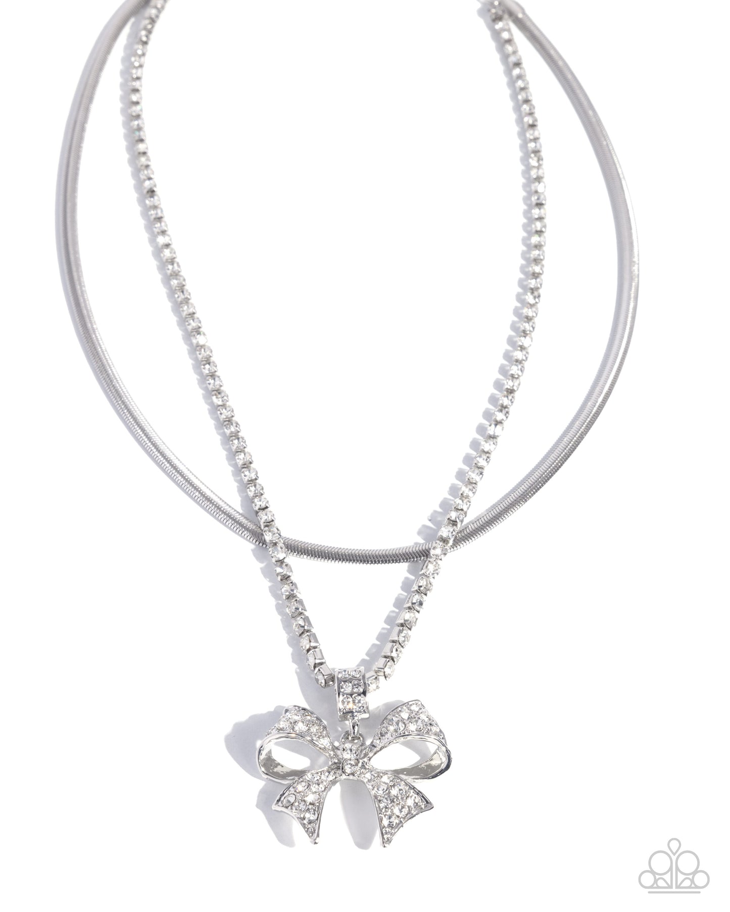 Cheerful Coquette - White Rhinestone Bow Layered Silver Necklace - Paparazzi Accessories