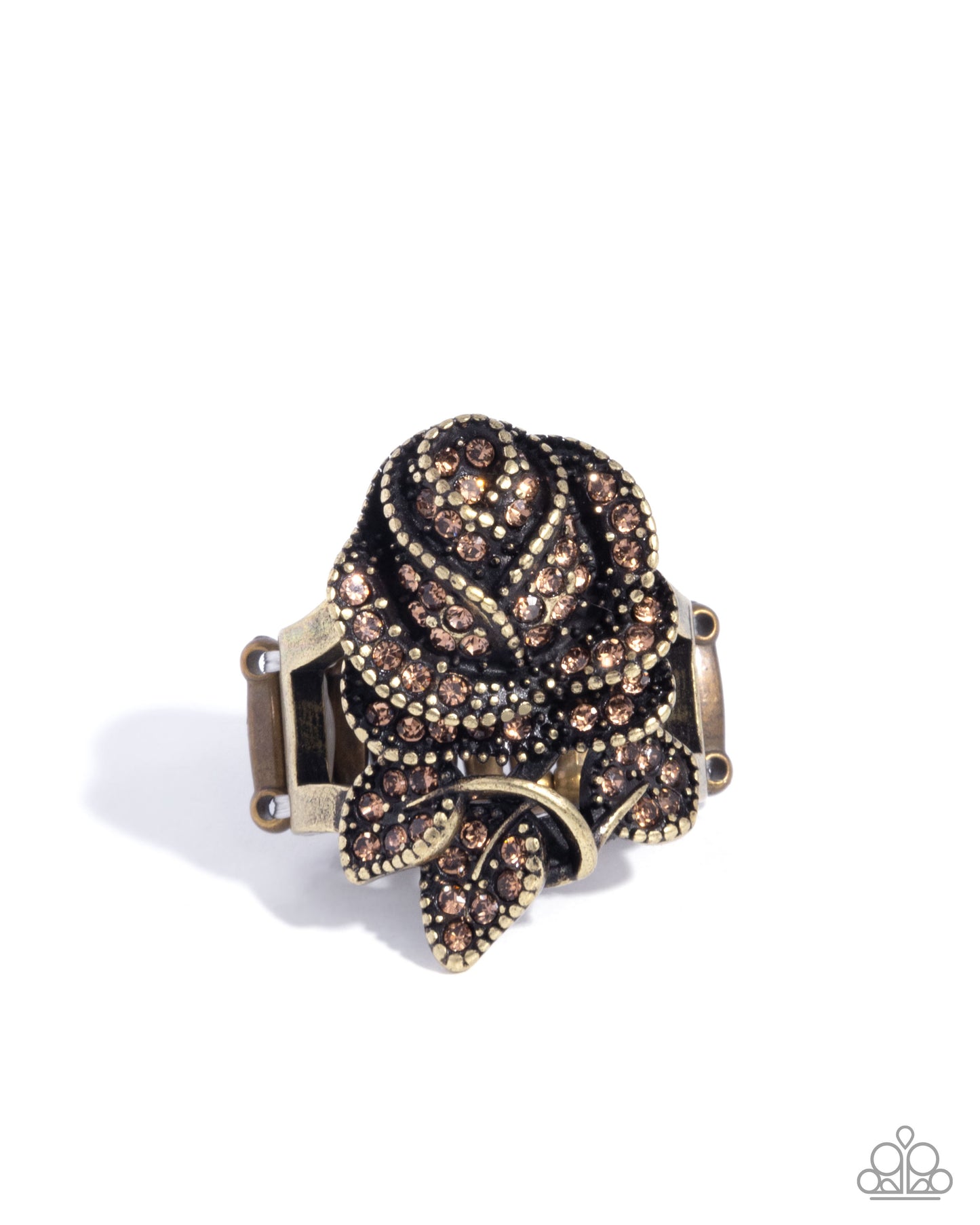 Rosy Residence - Brass Rose, Light Topaz Rhinestone Ring - Paparazzi Accessories