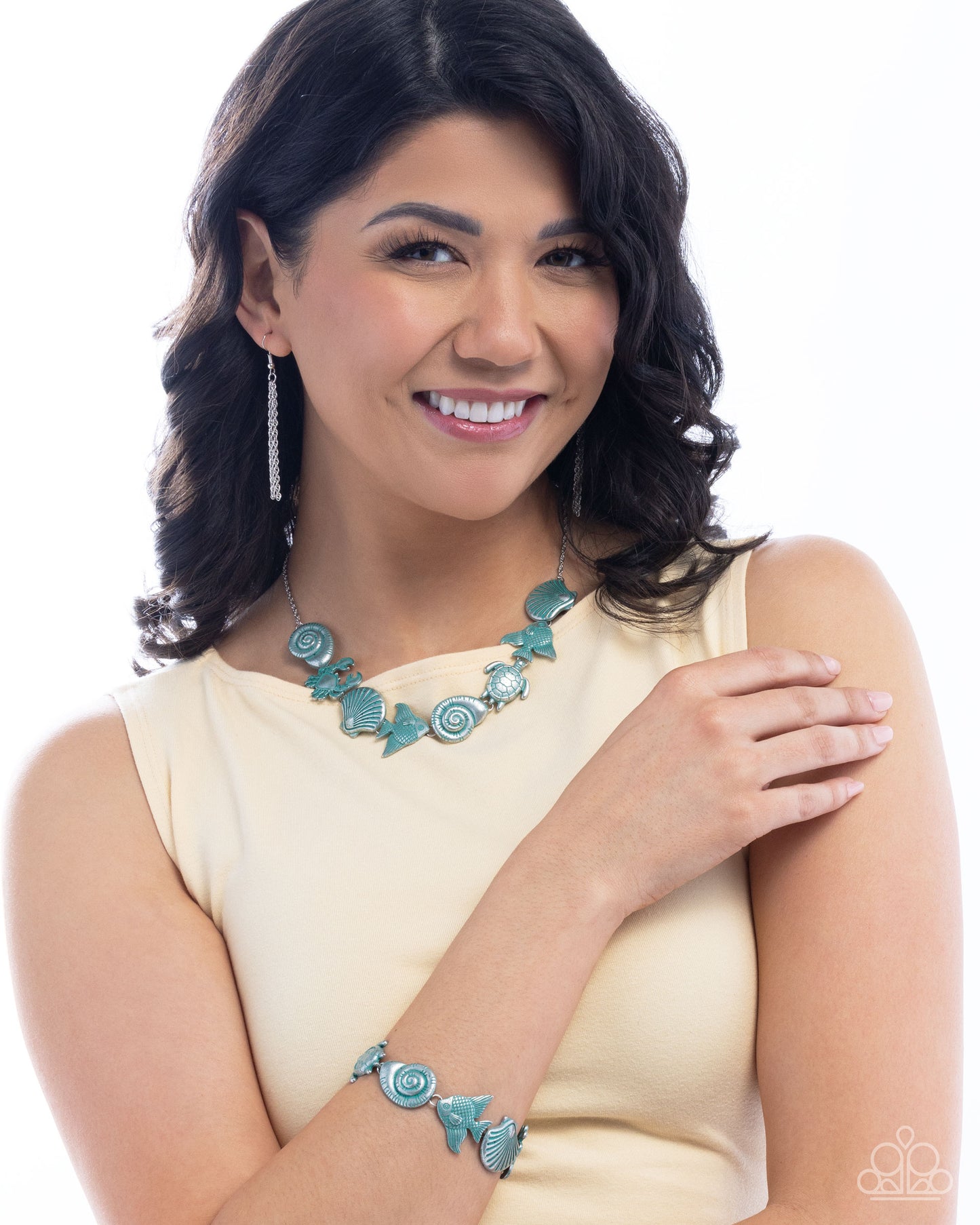 Complete Look - "Coastal Shelf - Blue" Necklace & Coastal Cay - Blue" Clasp Bracelet - Paparazzi Accessories