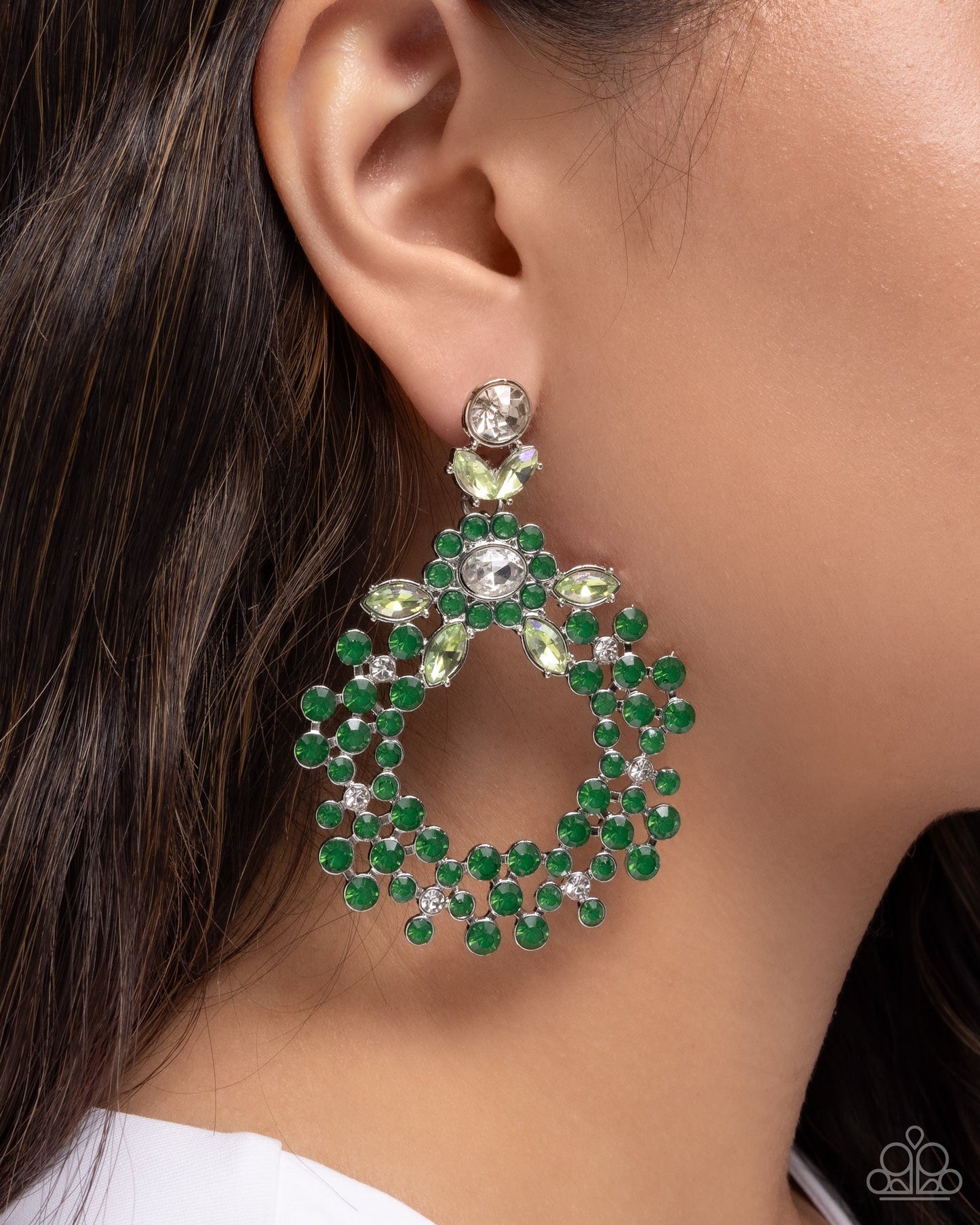 Opalescent Opulence - Green Iridescent Rhinestone Silver Post Earrings - Paparazzi Accessories