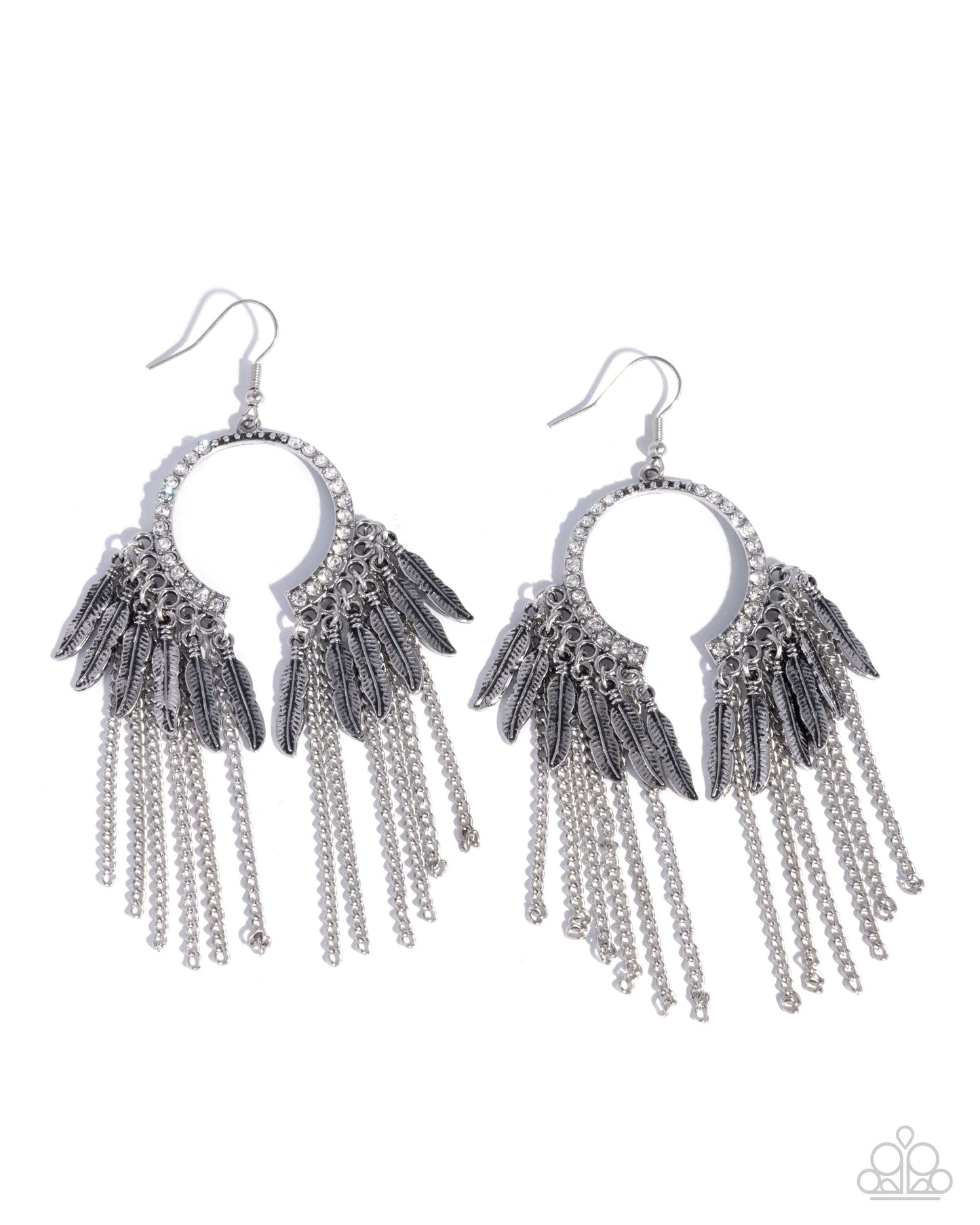 Free-Spirited Fringe - Silver Feather Fringe White Rhinestone Fishhook Earrings - Paparazzi Accessories